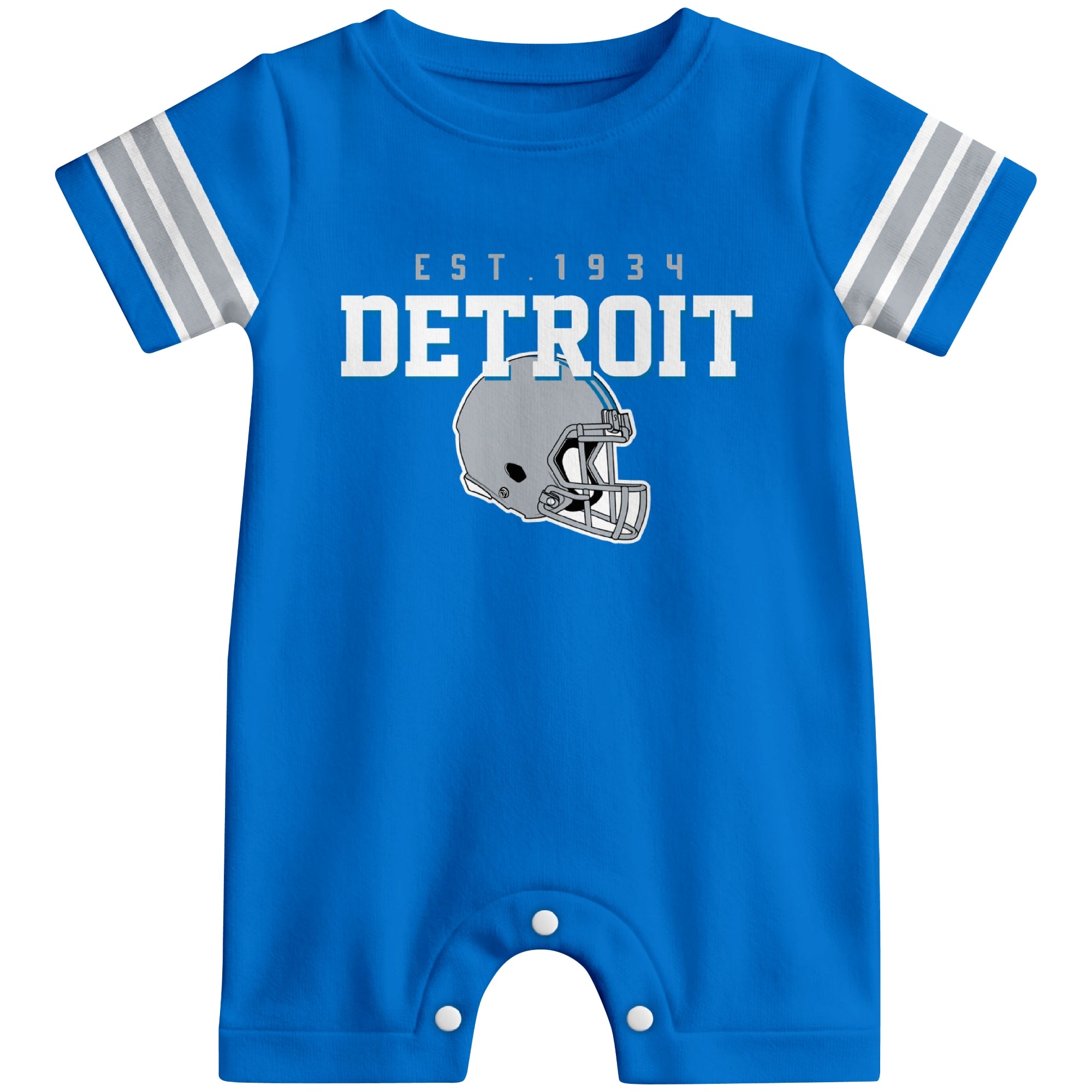Front view of Detroit football-inspired baby romper featuring varsity-style Detroit text and football helmet graphic in blue colorway