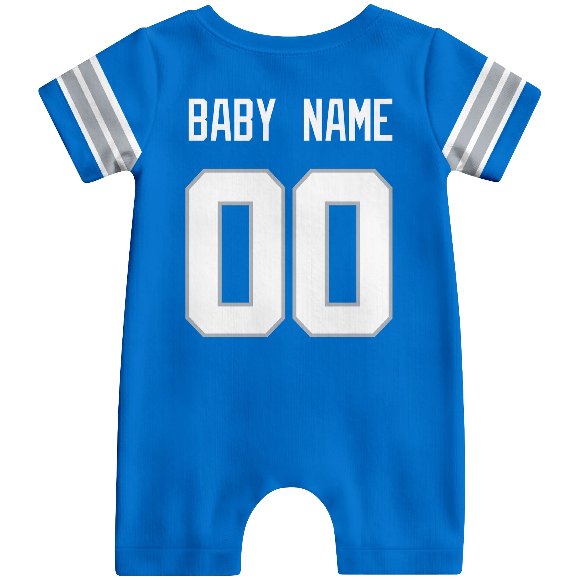 Back view of personalized Detroit football-style baby romper with custom baby name and number design in varsity block font