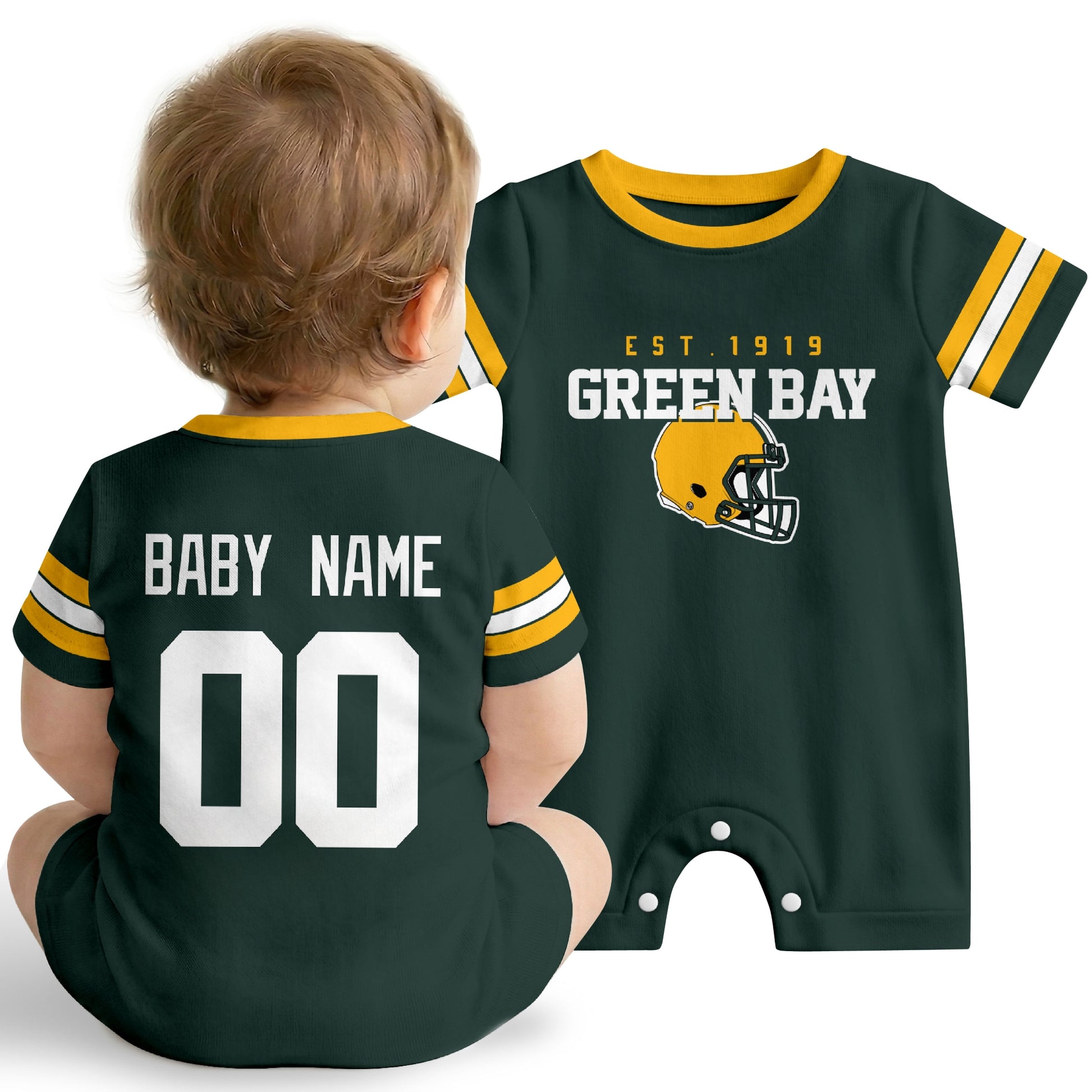 Baby wearing Green Bay football-inspired personalized romper in green, featuring custom name and number design with sporty varsity lettering and football helmet graphic