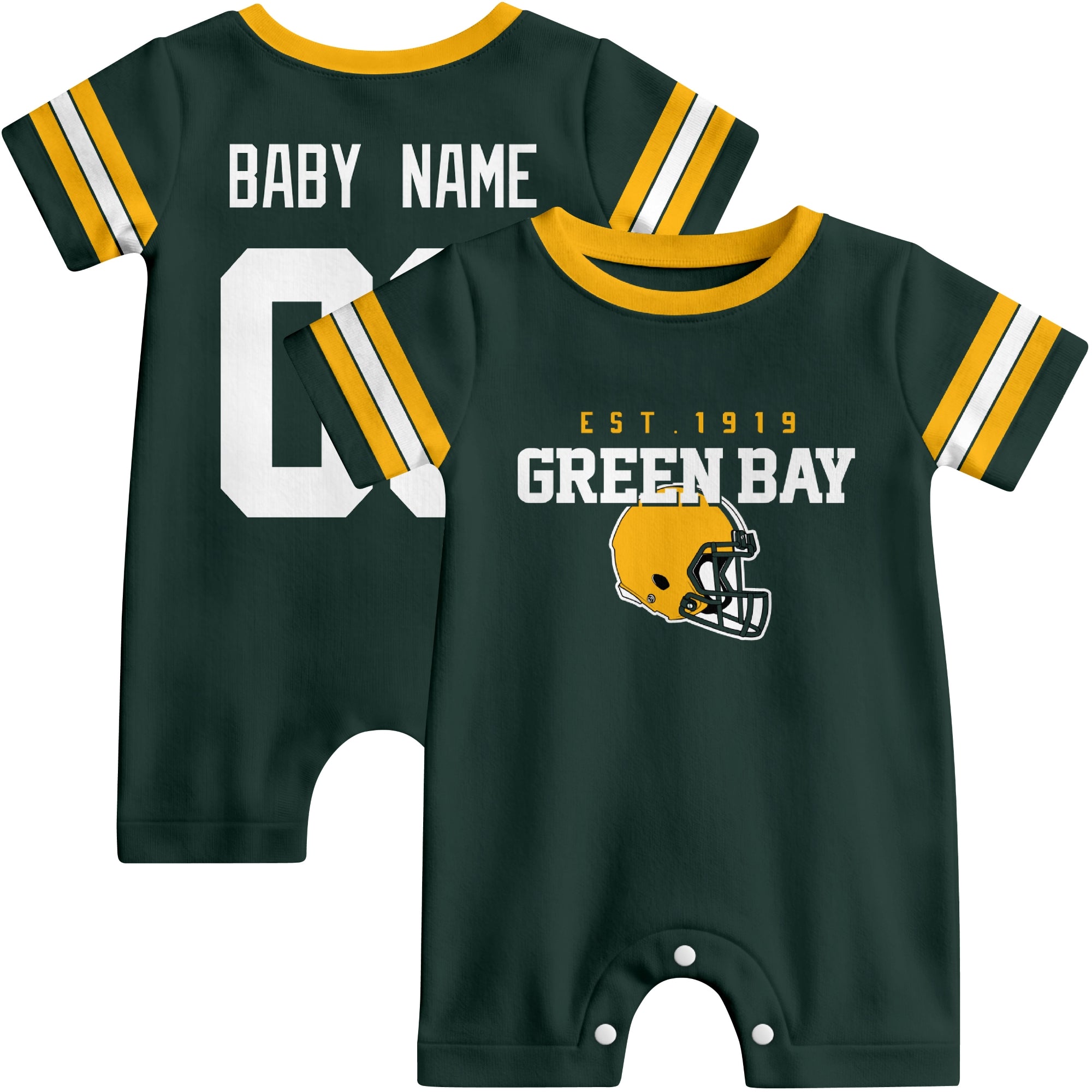 Front and back view of Green Bay football-style baby romper in green with varsity team-inspired front graphic and personalized name and number on the back