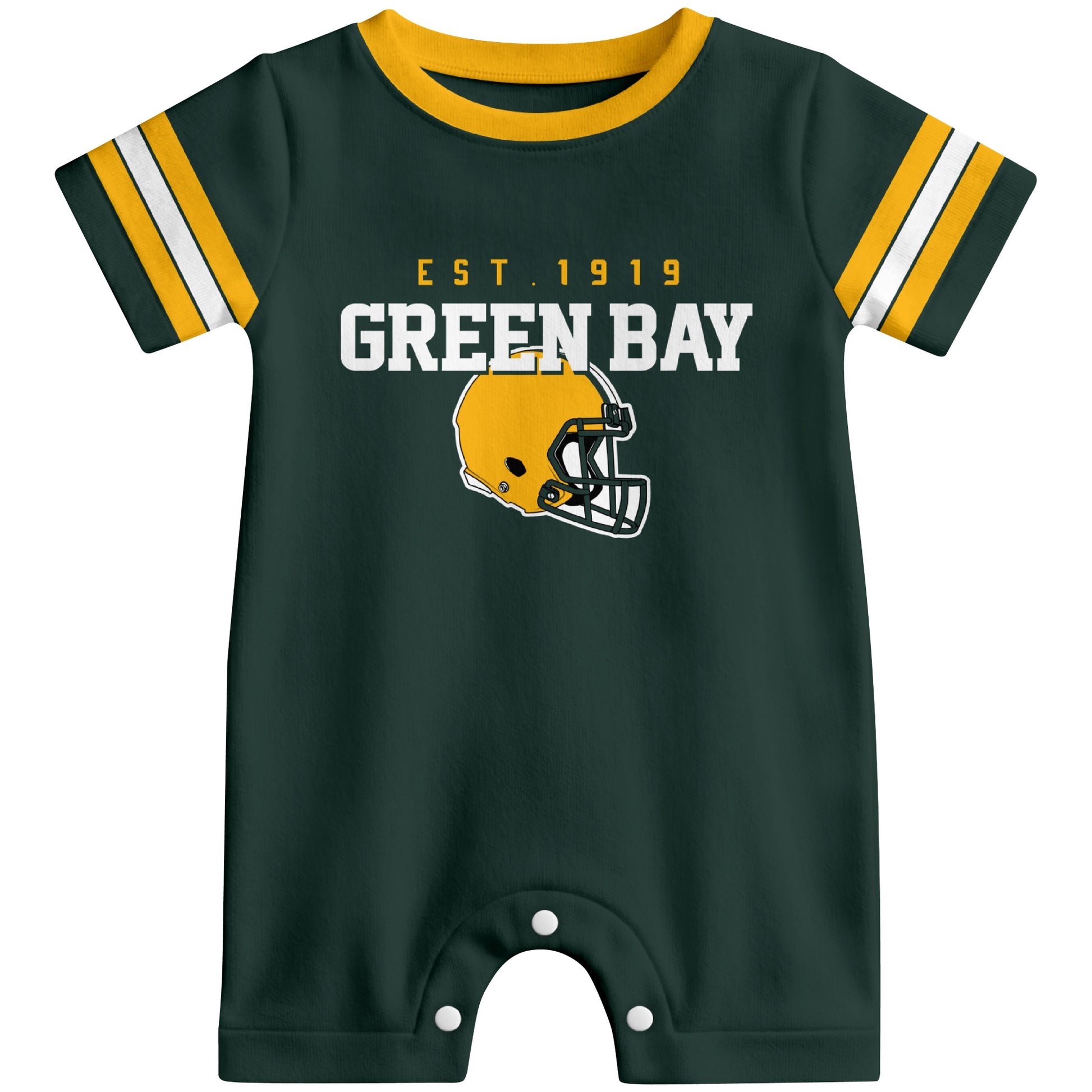Front view of Green Bay football-inspired baby romper featuring varsity-style Green Bay text and football helmet graphic in green colorway