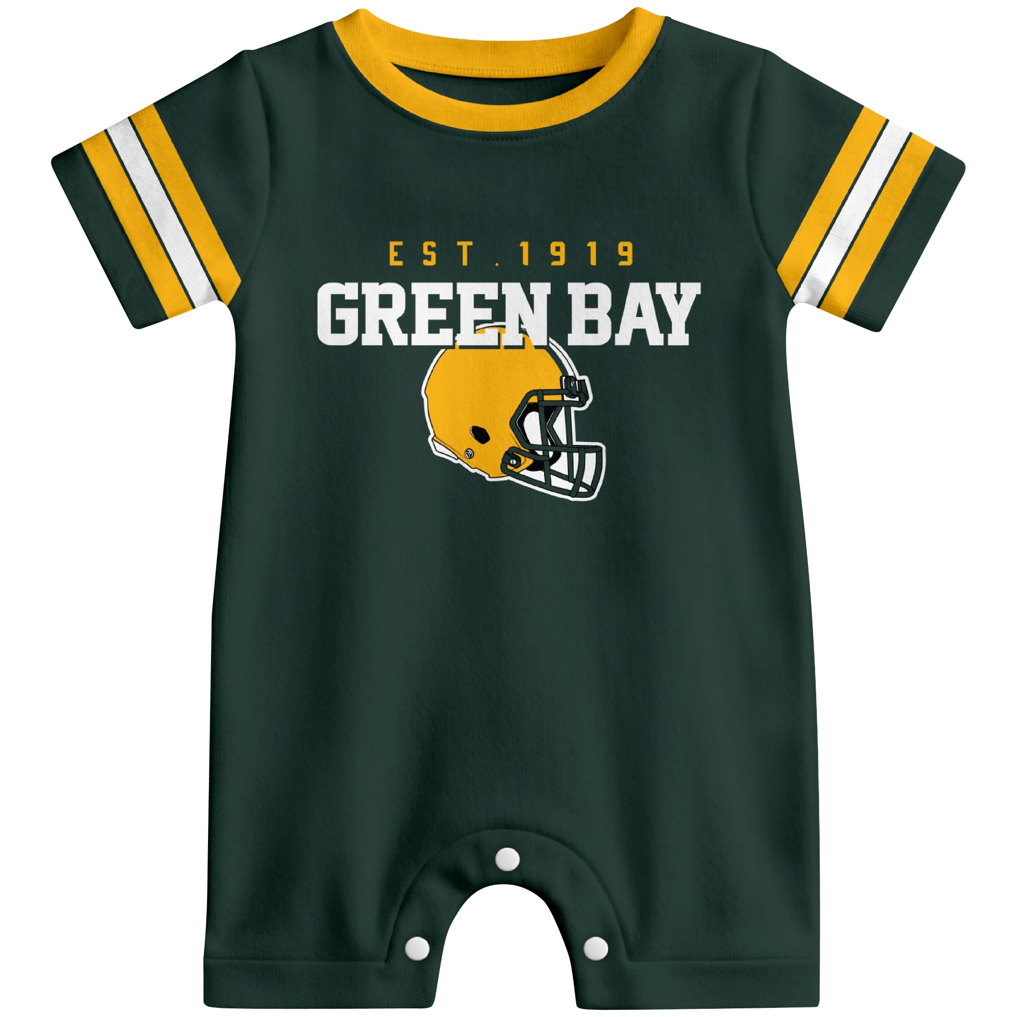 Front view of Green Bay football-inspired baby romper featuring varsity-style Green Bay text and football helmet graphic in green colorway