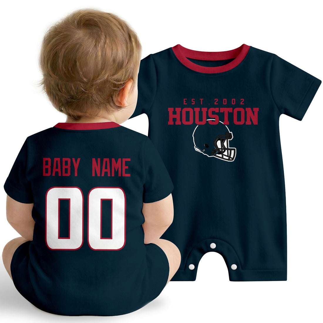 Baby wearing Houston football-inspired personalized romper in navy, featuring custom name and number design with sporty varsity lettering and football helmet graphic