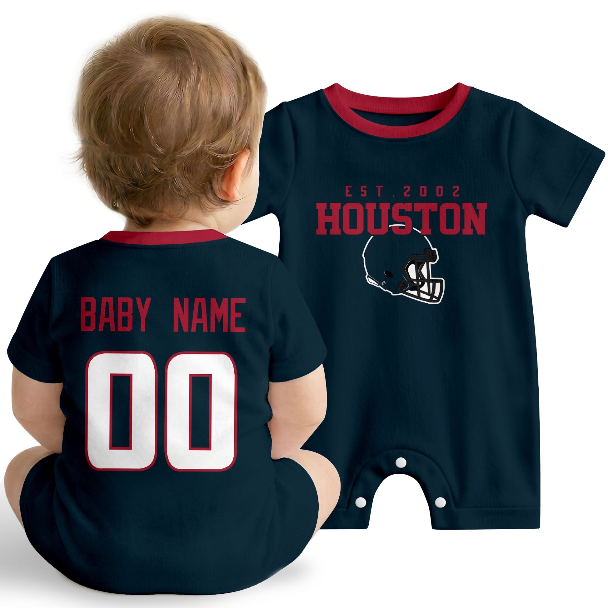 Baby wearing Houston football-inspired personalized romper in navy, featuring custom name and number design with sporty varsity lettering and football helmet graphic