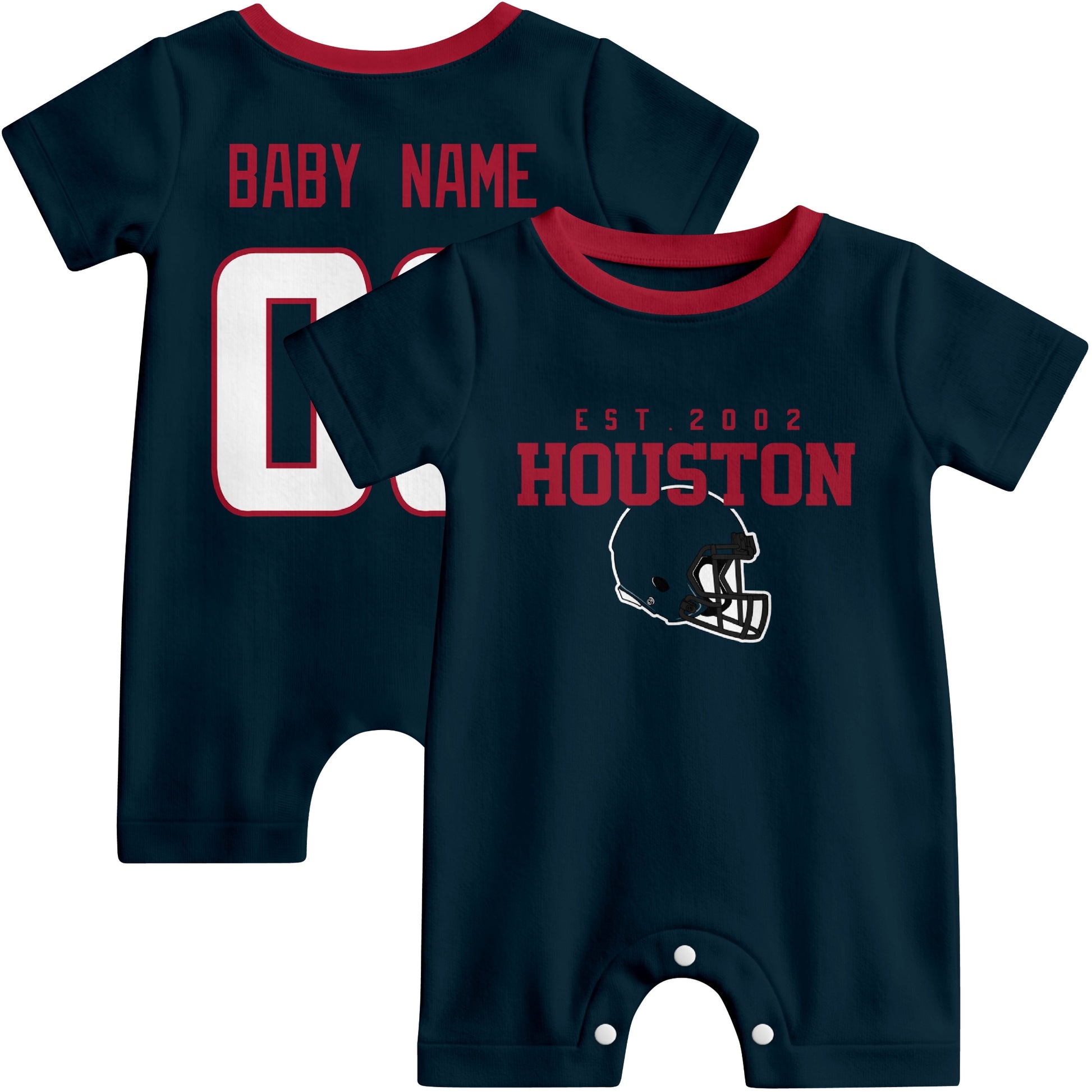 Front and back view of Houston football-style baby romper in navy with varsity team-inspired front graphic and personalized name and number on the back