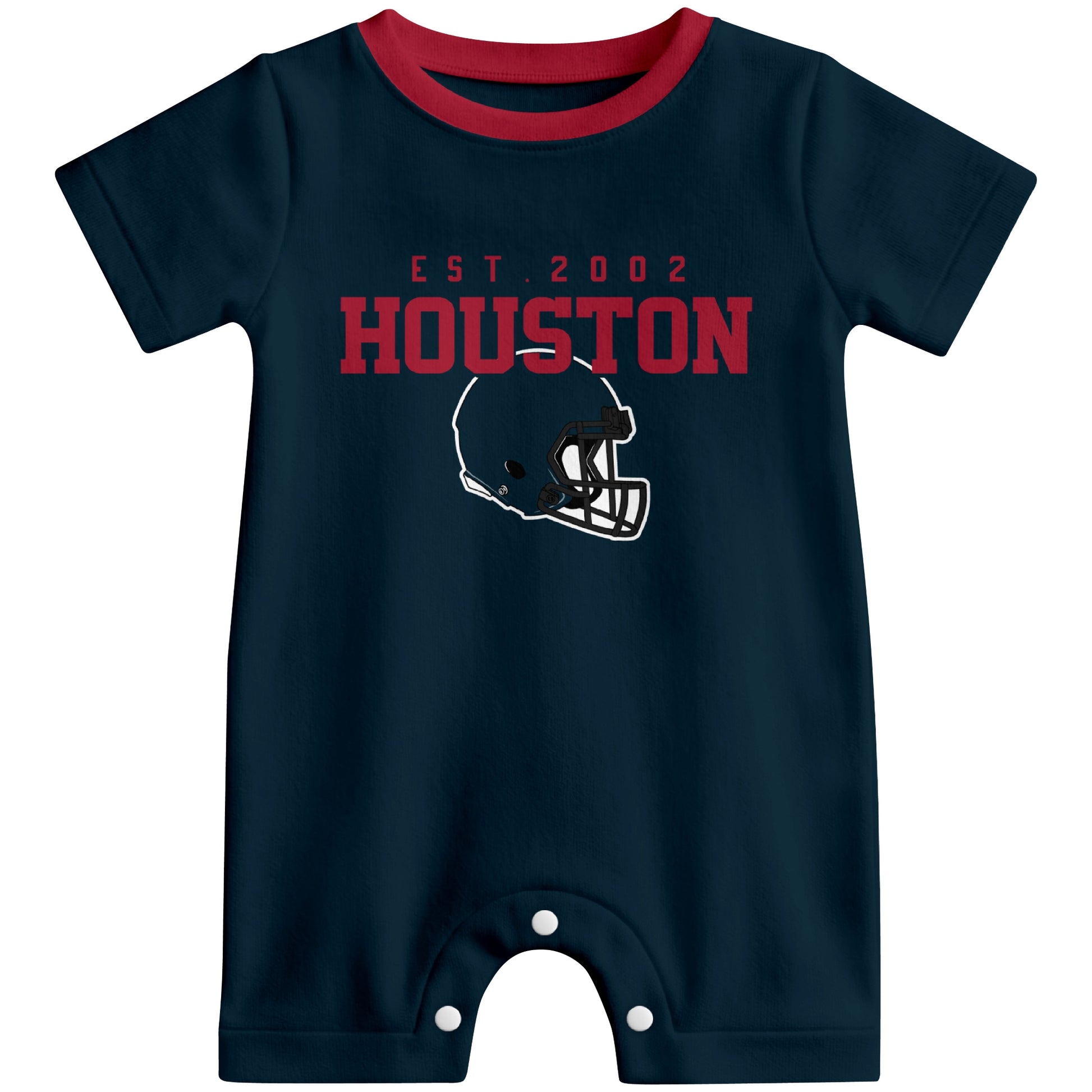 Front view of Houston football-inspired baby romper featuring varsity-style Houston text and football helmet graphic in navy colorway