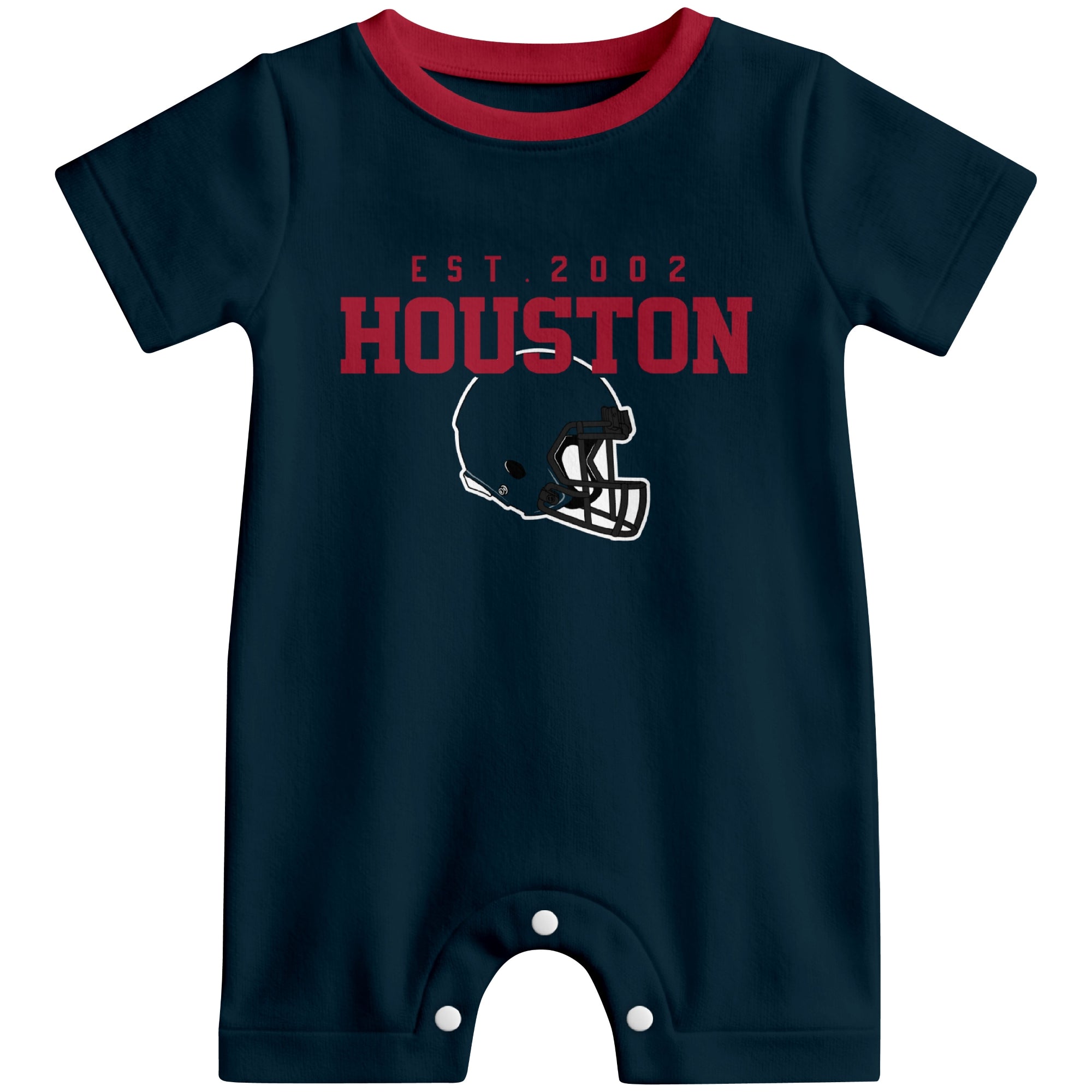 Front view of Houston football-inspired baby romper featuring varsity-style Houston text and football helmet graphic in navy colorway