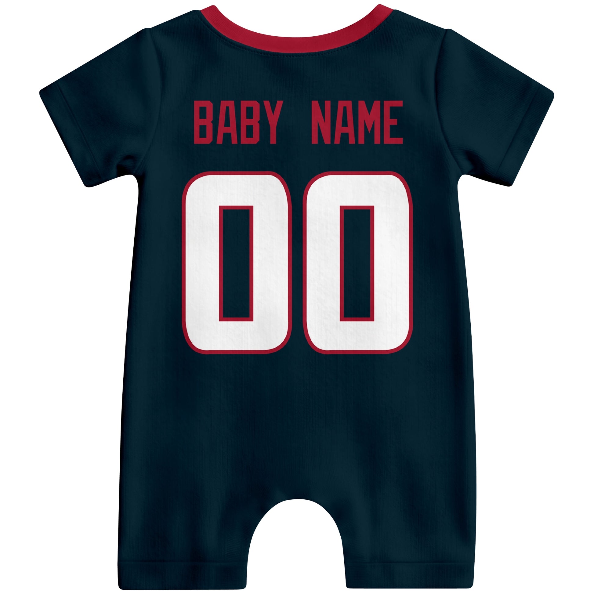 Back view of personalized Houston football-style baby romper with custom baby name and number design in varsity block font