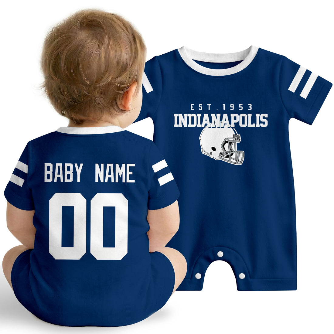 Baby wearing Indianapolis football-inspired personalized romper in royal blue, featuring custom name and number design with sporty varsity lettering and football helmet graphic