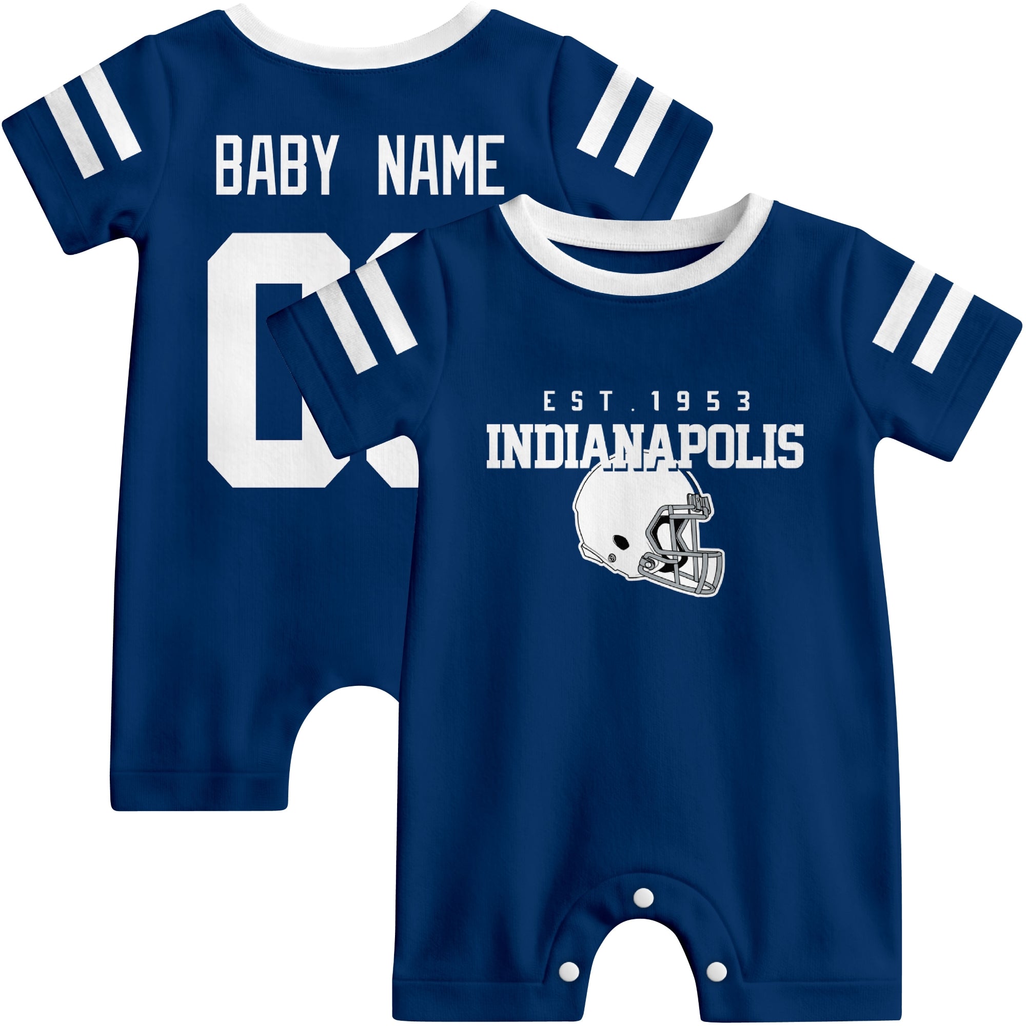 Front and back view of Indianapolis football-style baby romper in royal blue with varsity team-inspired front graphic and personalized name and number on the back