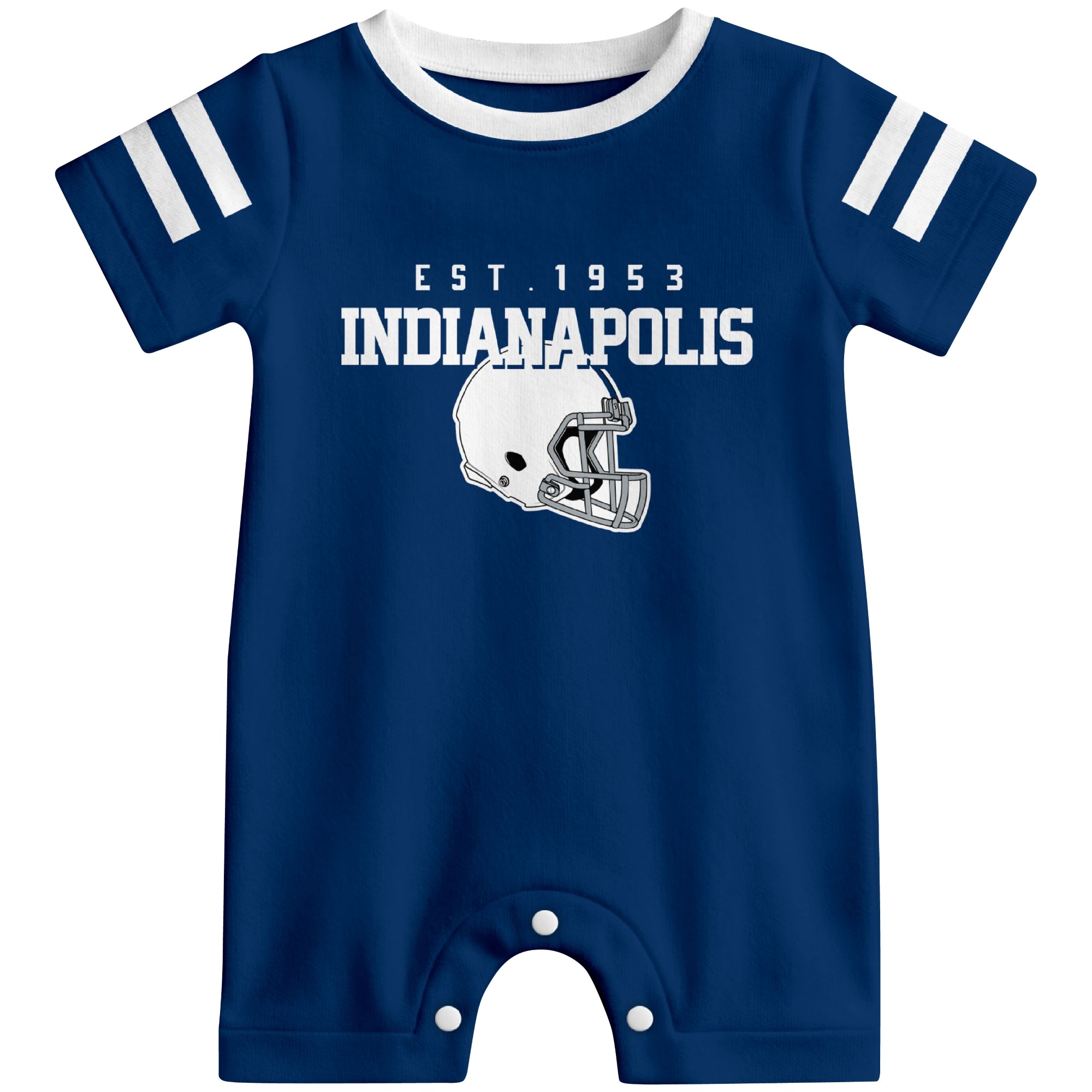 Front view of Indianapolis football-inspired baby romper featuring varsity-style Indianapolis text and football helmet graphic in royal blue colorway