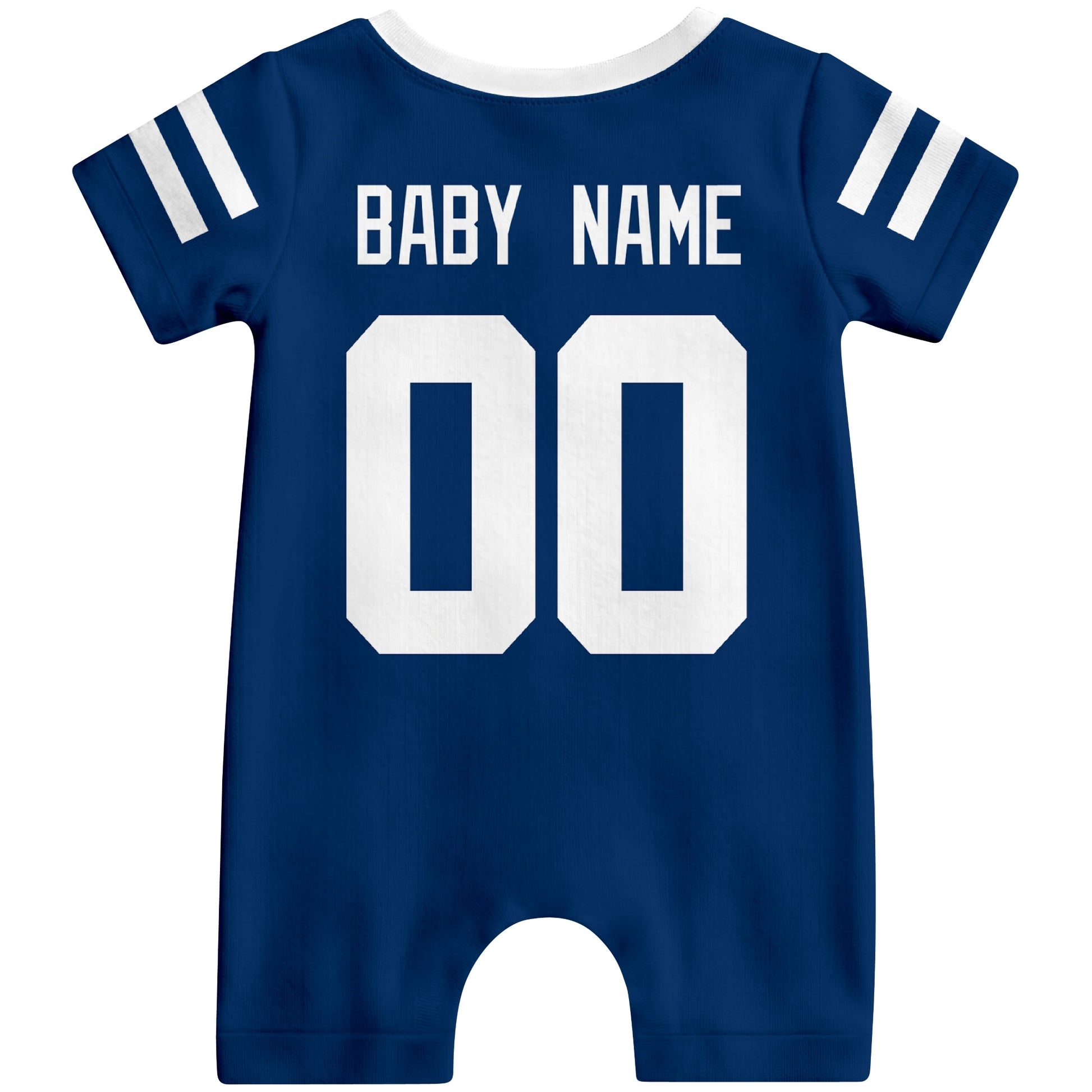 Back view of personalized Indianapolis football-style baby romper with custom baby name and number design in varsity block font