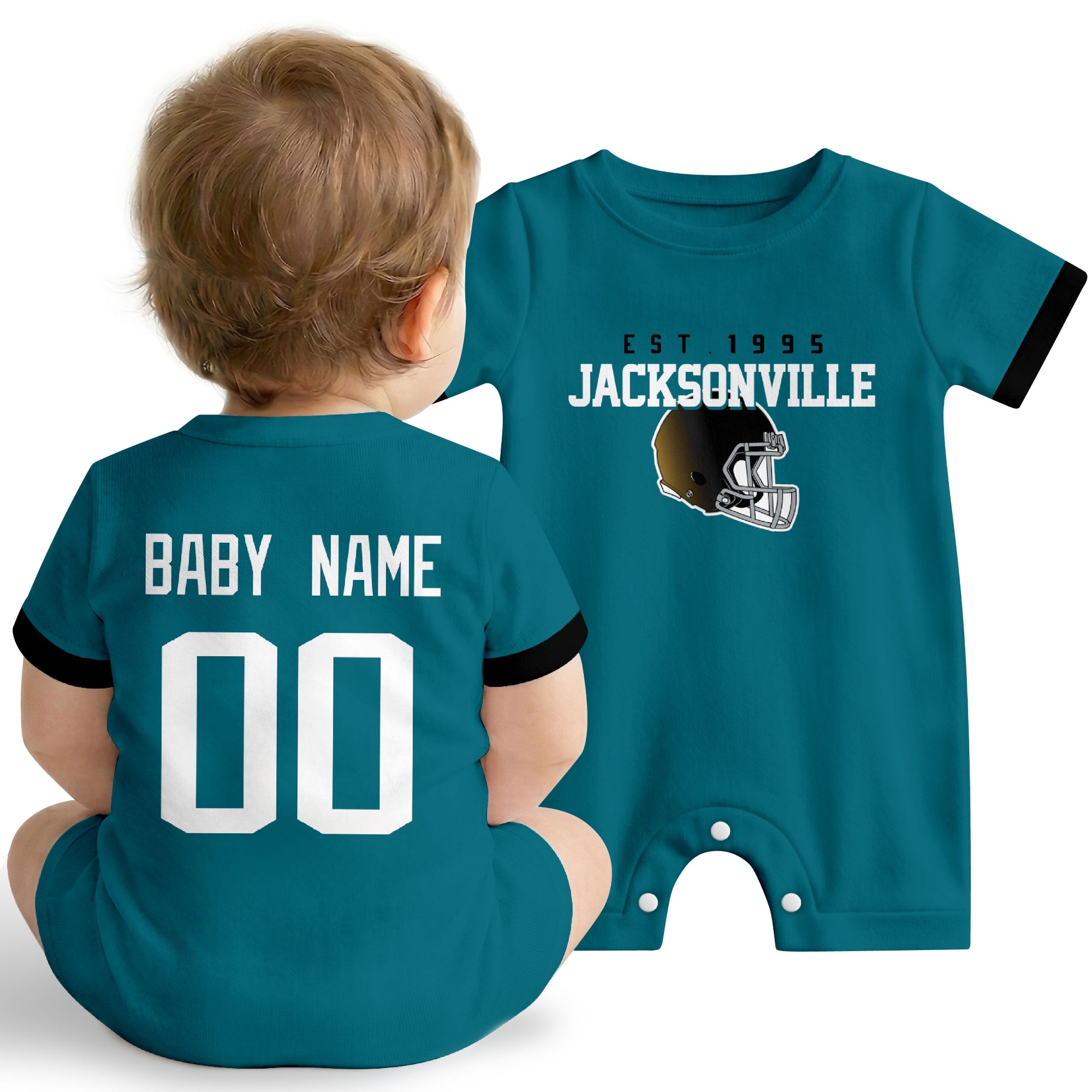 Baby wearing Jacksonville football-inspired personalized romper in teal, featuring custom name and number design with sporty varsity lettering and football helmet graphic
