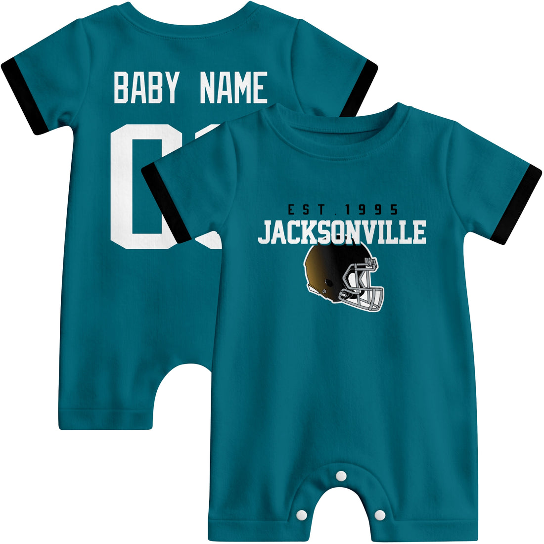 Baby wearing Jacksonville football-inspired personalized romper in teal, featuring custom name and number design with sporty varsity lettering and football helmet graphic
