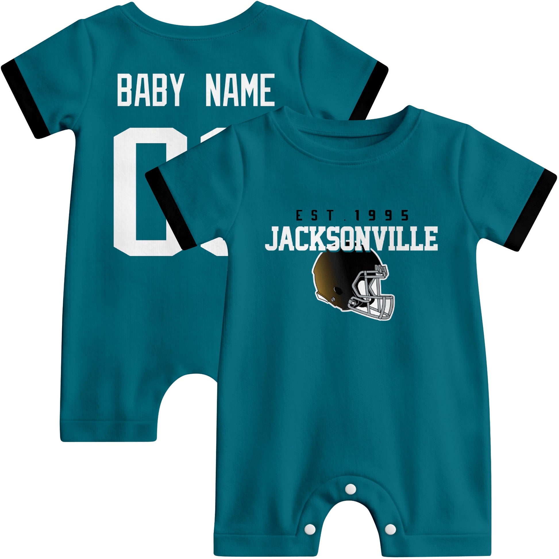 Front and back view of Jacksonville football-style baby romper in teal with varsity team-inspired front graphic and personalized name and number on the back