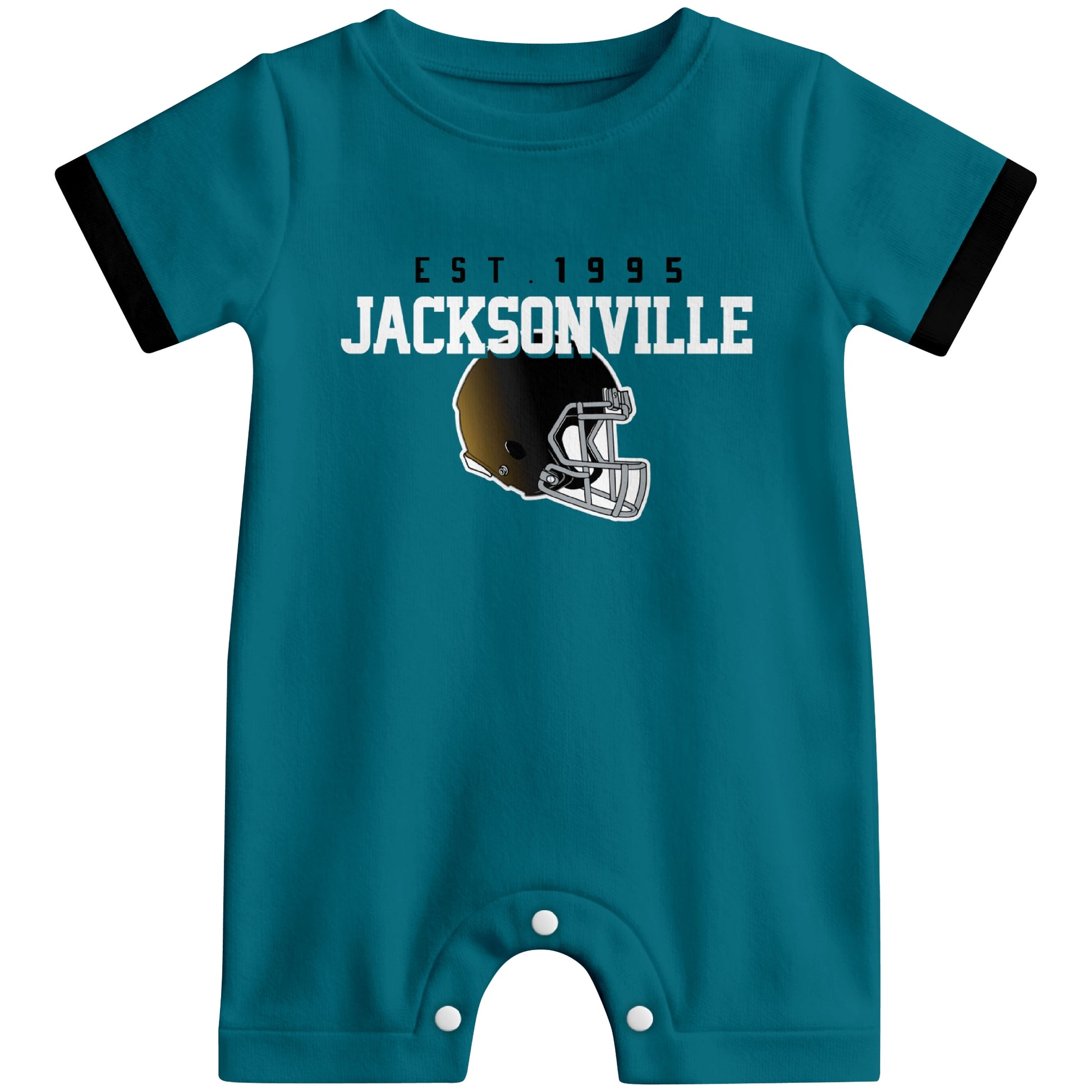 Front view of Jacksonville football-inspired baby romper featuring varsity-style Jacksonville text and football helmet graphic in teal colorway