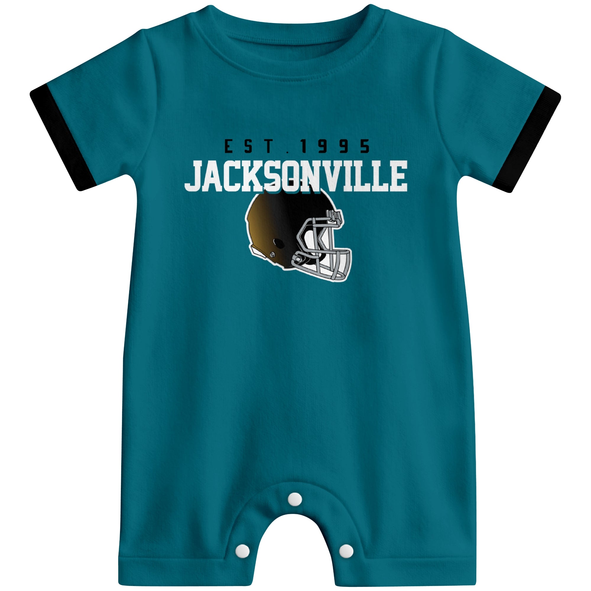 Front view of Jacksonville football-inspired baby romper featuring varsity-style Jacksonville text and football helmet graphic in teal colorway
