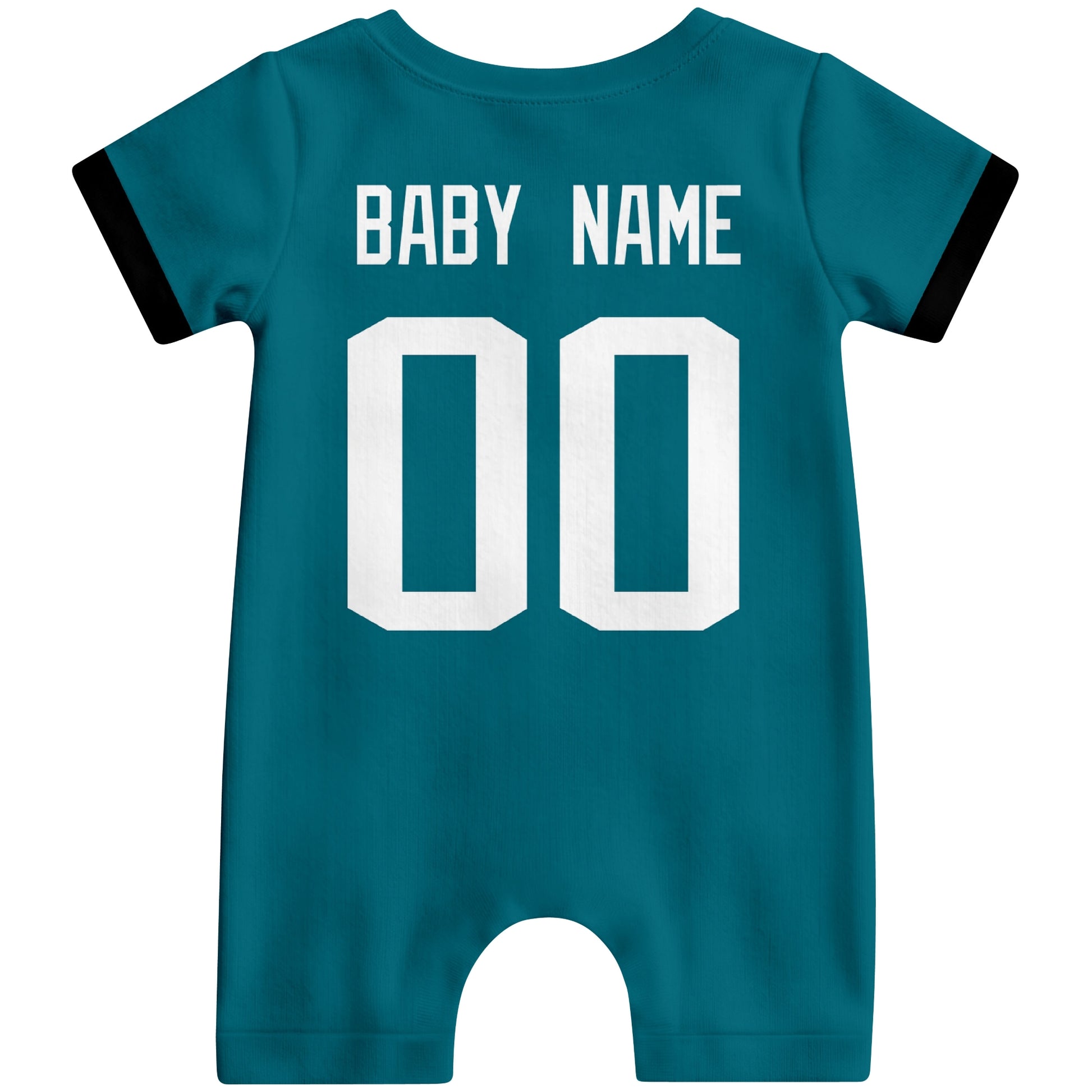 Back view of personalized Jacksonville football-style baby romper with custom baby name and number design in varsity block font