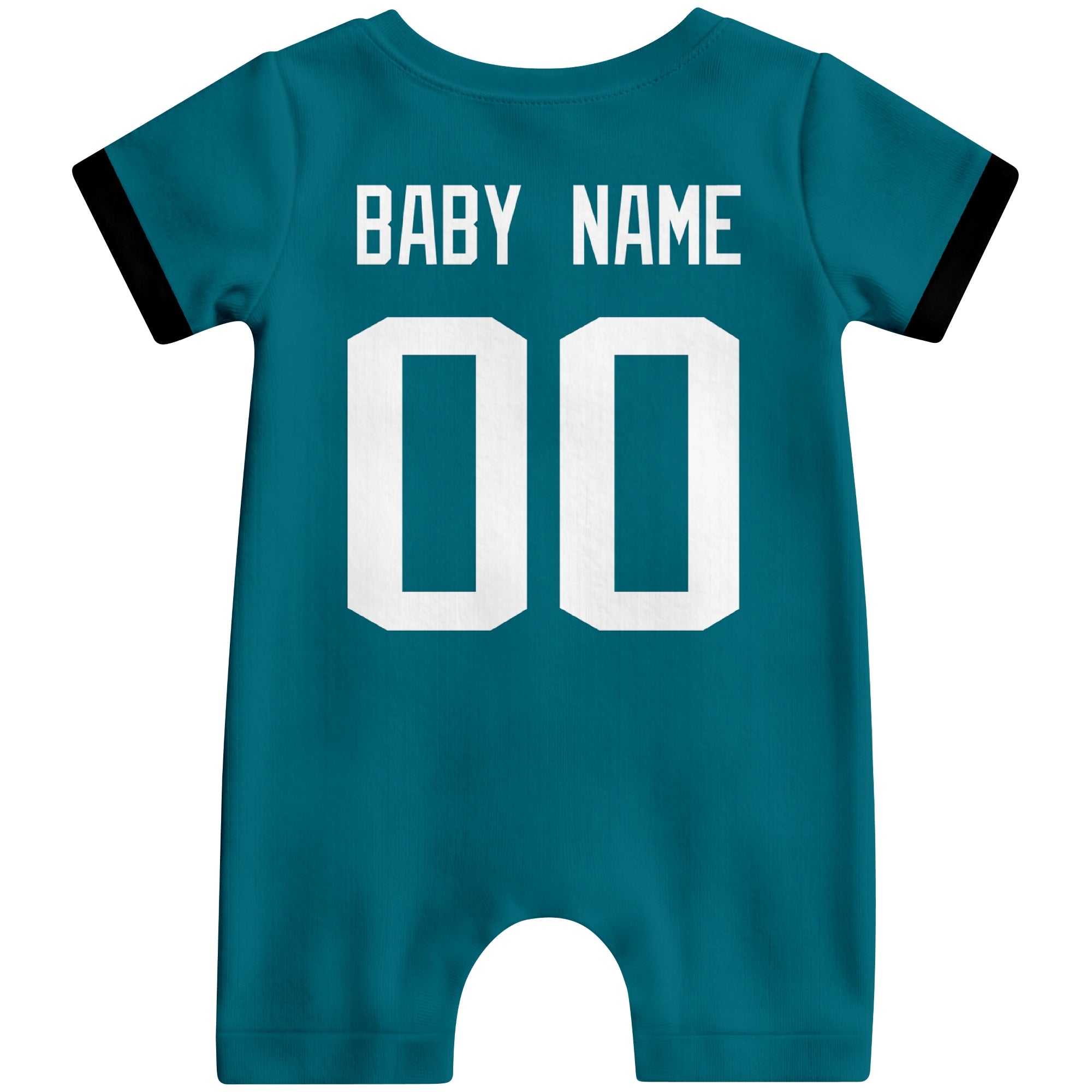 Back view of personalized Jacksonville football-style baby romper with custom baby name and number design in varsity block font