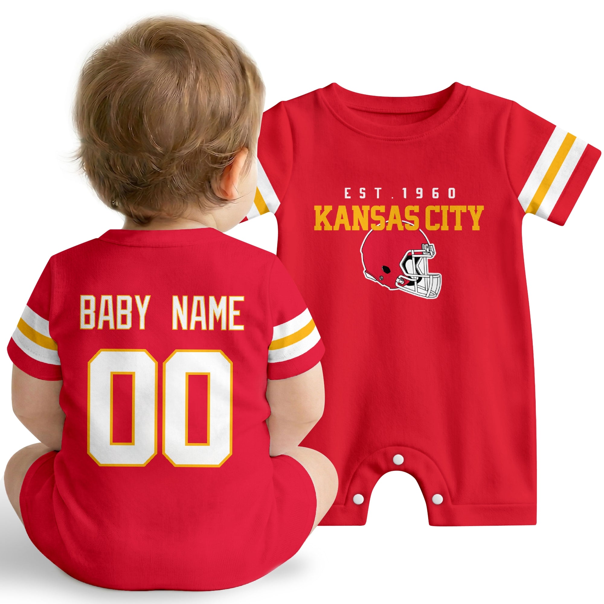 Baby wearing Kansas football-inspired personalized romper in red, featuring custom name and number design with sporty varsity lettering and football helmet graphic