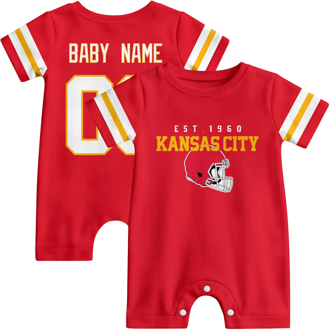 Baby wearing Kansas football-inspired personalized romper in red, featuring custom name and number design with sporty varsity lettering and football helmet graphic