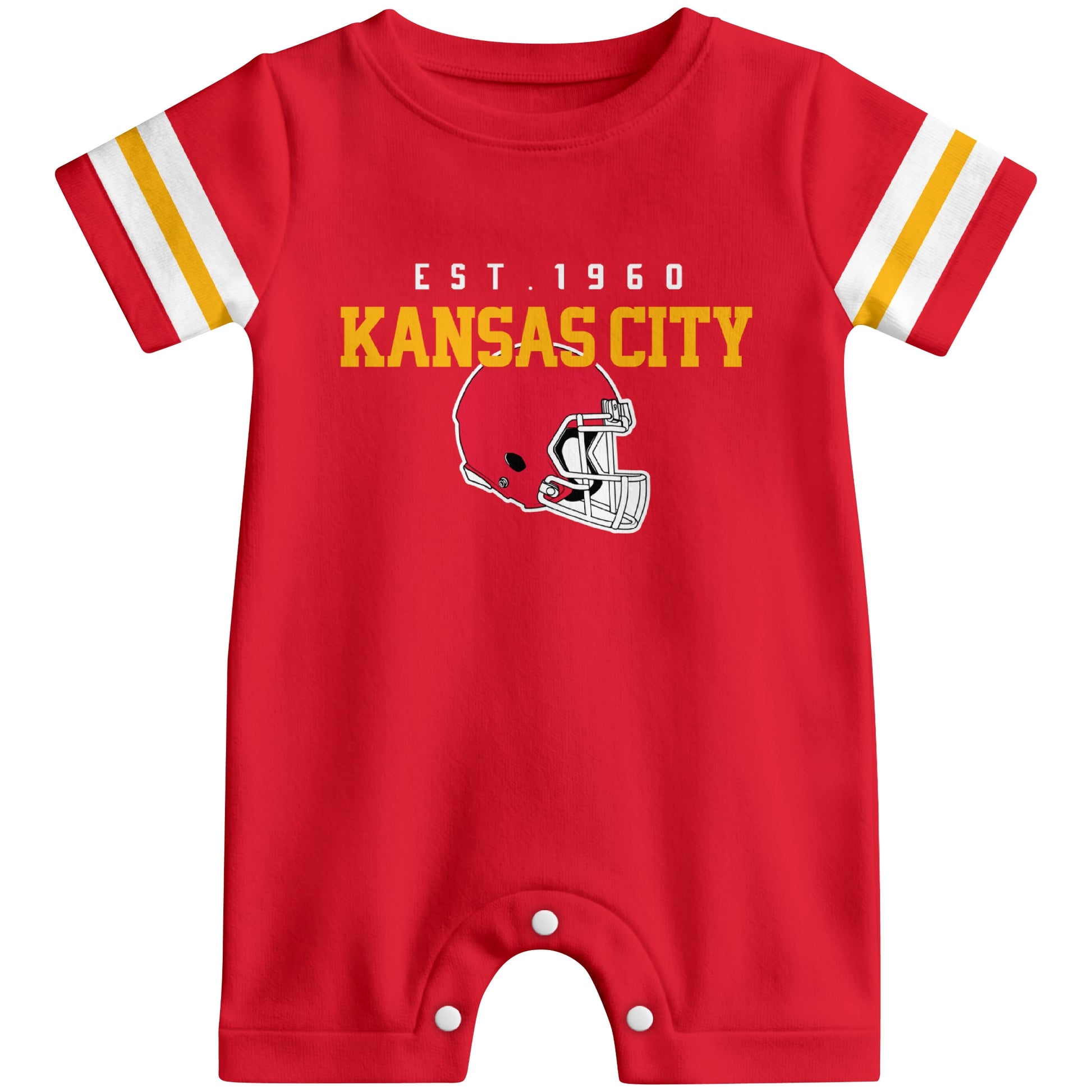 Front view of Kansas football-inspired baby romper featuring varsity-style Kansas text and football helmet graphic in red colorway