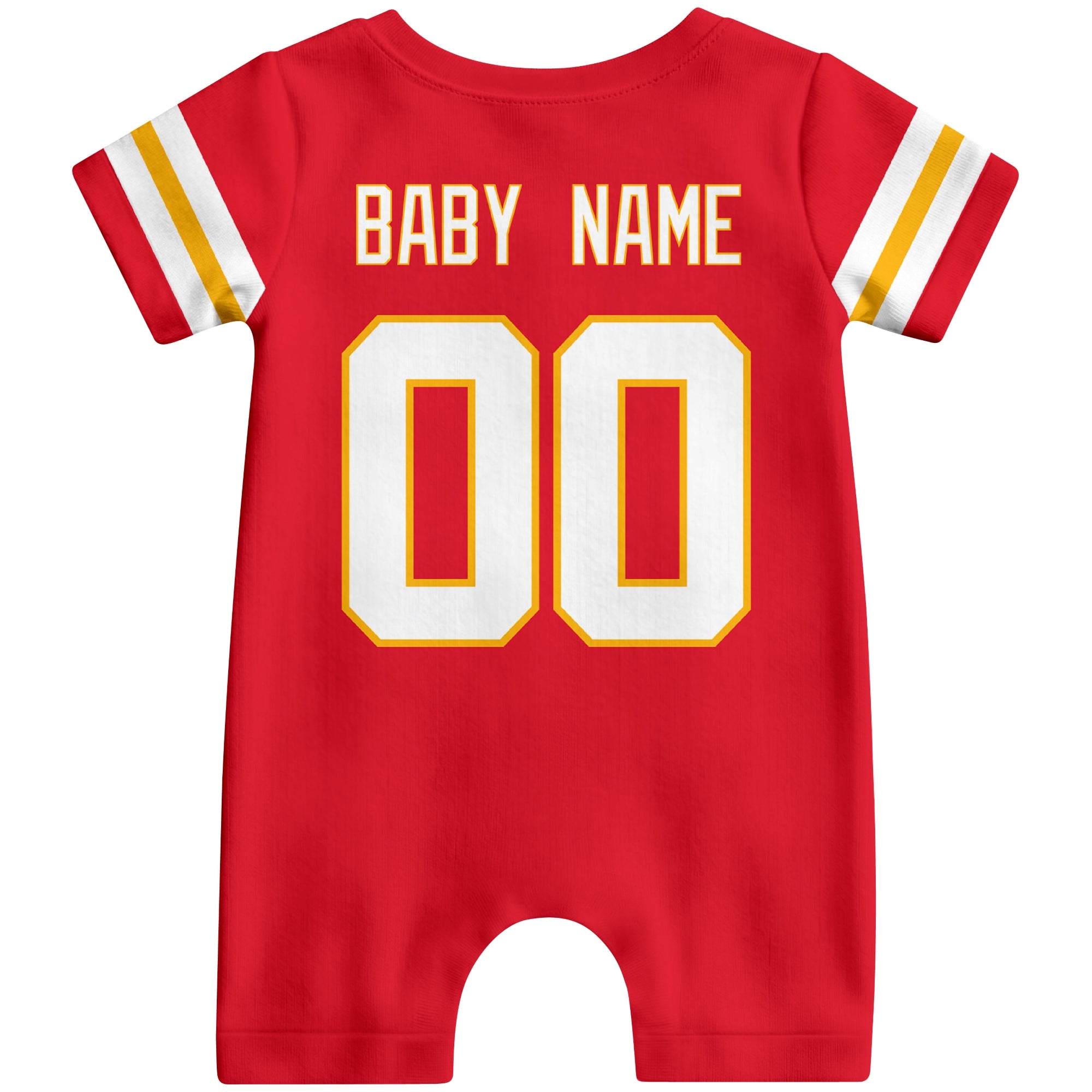 Back view of personalized Kansas football-style baby romper with custom baby name and number design in varsity block font