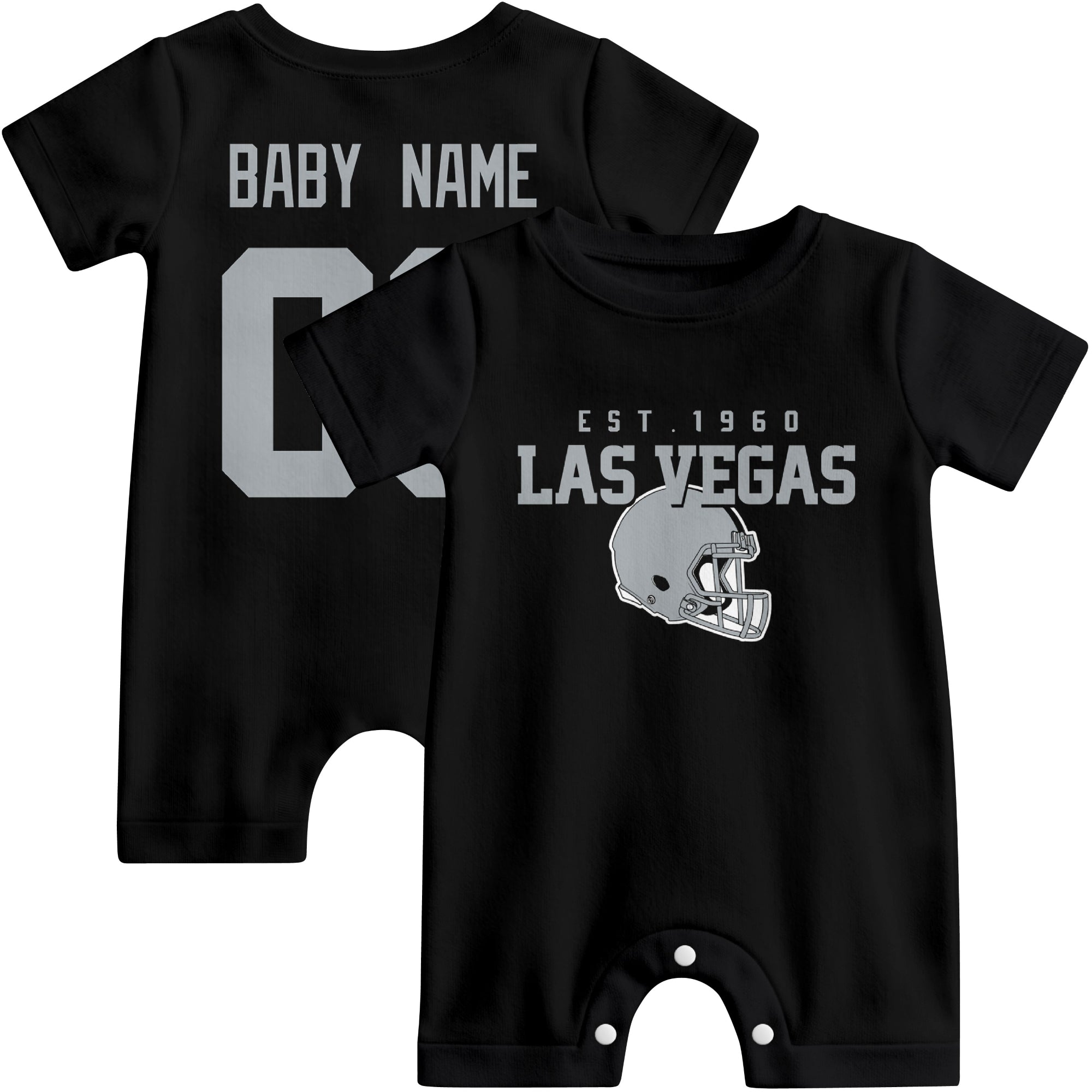 Front and back view of Las Vegas football-style baby romper in black with varsity team-inspired front graphic and personalized name and number on the back