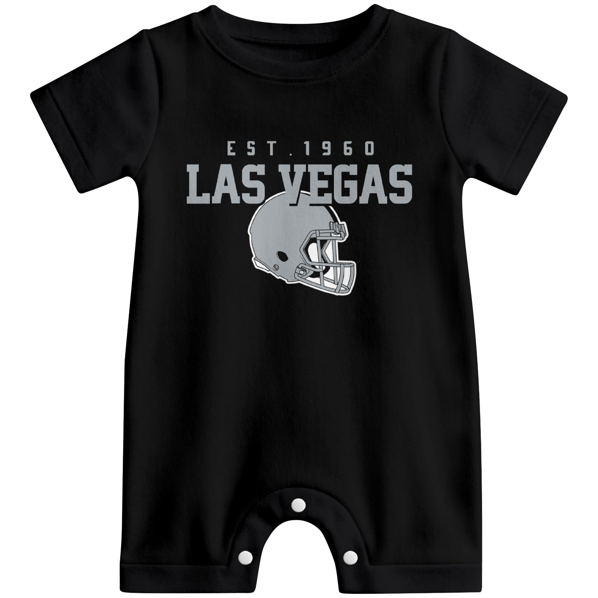 Front view of Las Vegas football-inspired baby romper featuring varsity-style Las Vegas text and football helmet graphic in black colorway