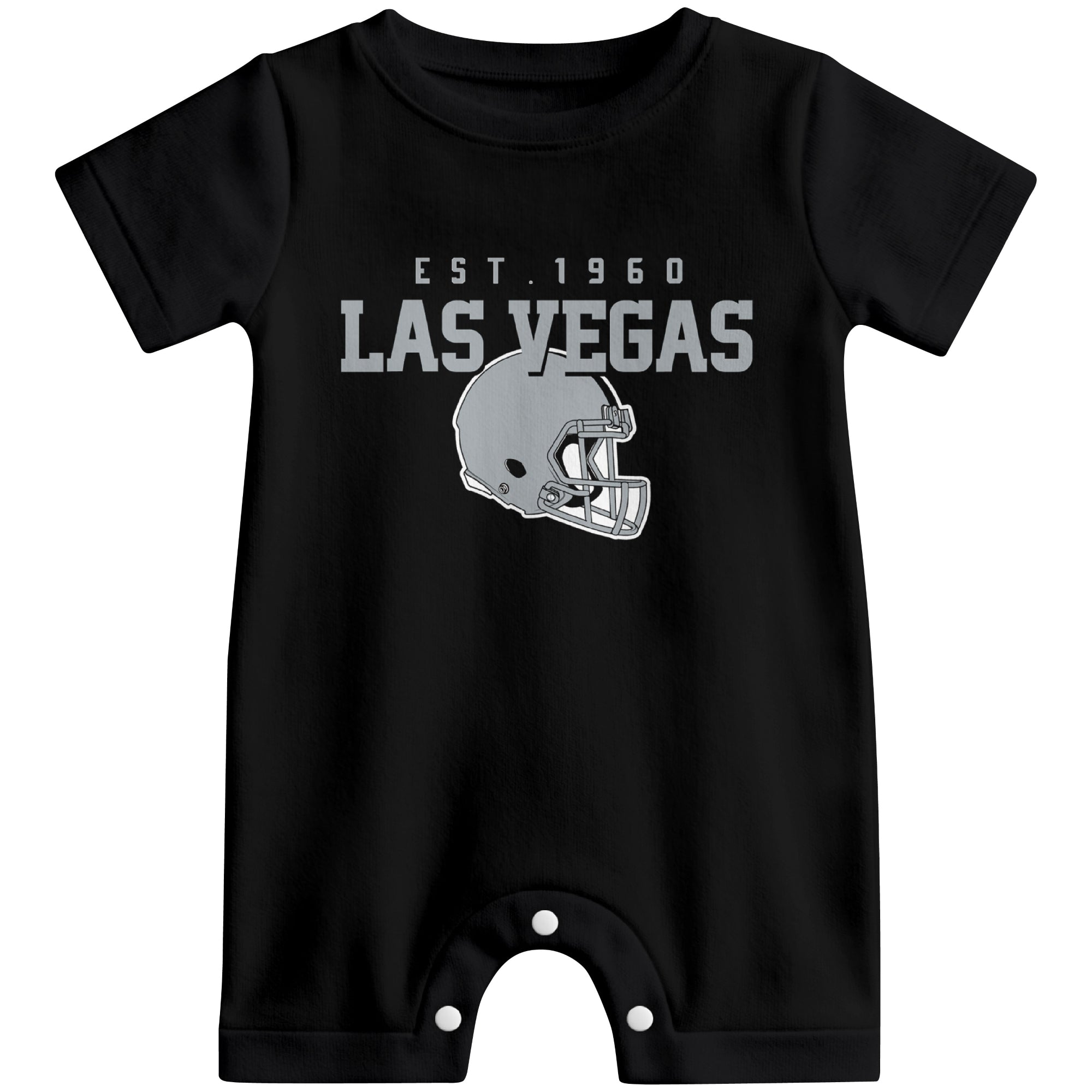 Front view of Las Vegas football-inspired baby romper featuring varsity-style Las Vegas text and football helmet graphic in black colorway