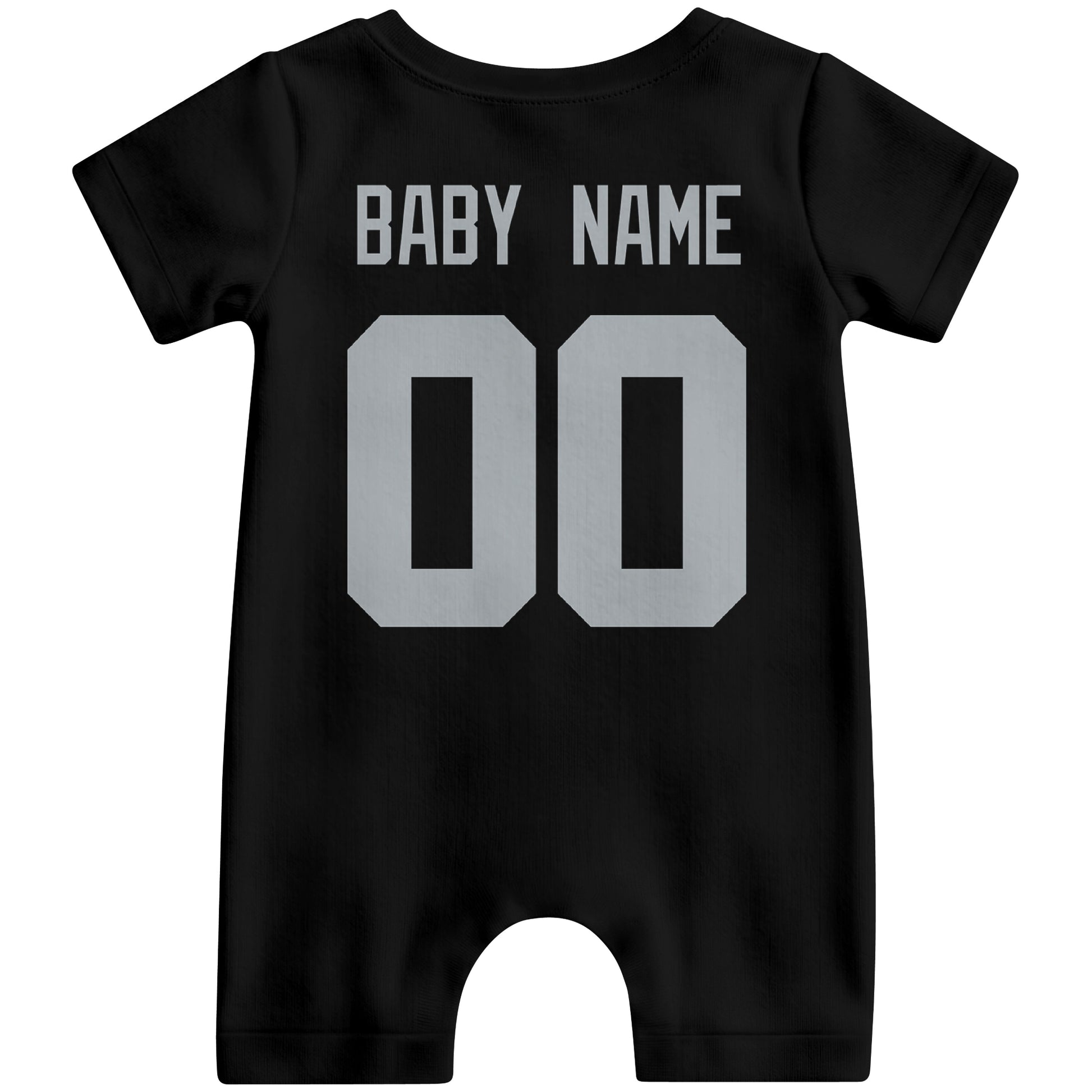Back view of personalized Las Vegas football-style baby romper with custom baby name and number design in varsity block font