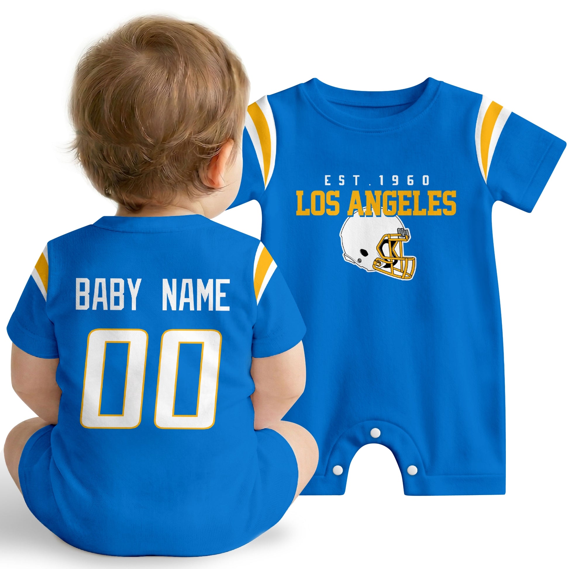 Baby wearing Los Angeles football-inspired personalized romper in blue, featuring custom name and number design with sporty varsity lettering and football helmet graphic