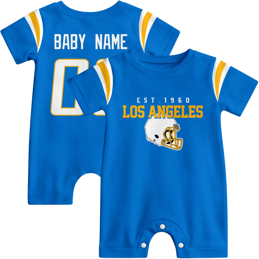 Baby wearing Los Angeles football-inspired personalized romper in blue, featuring custom name and number design with sporty varsity lettering and football helmet graphic