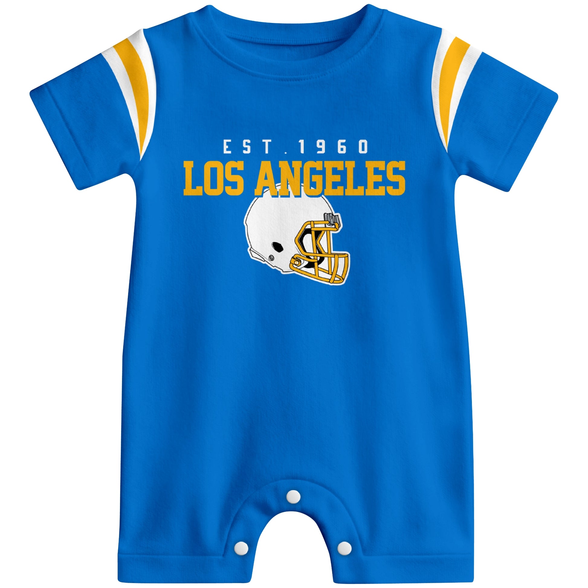 Front view of Los Angeles football-inspired baby romper featuring varsity-style Los Angeles text and football helmet graphic in blue colorway