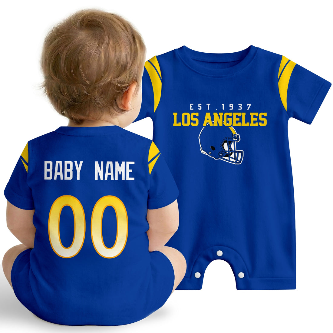 Baby wearing Los Angeles R football-inspired personalized romper in royal blue, featuring custom name and number design with sporty varsity lettering and football helmet graphic