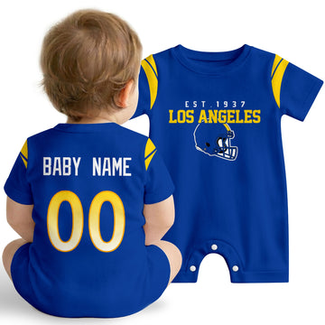 Baby wearing Los Angeles R football-inspired personalized romper in royal blue, featuring custom name and number design with sporty varsity lettering and football helmet graphic