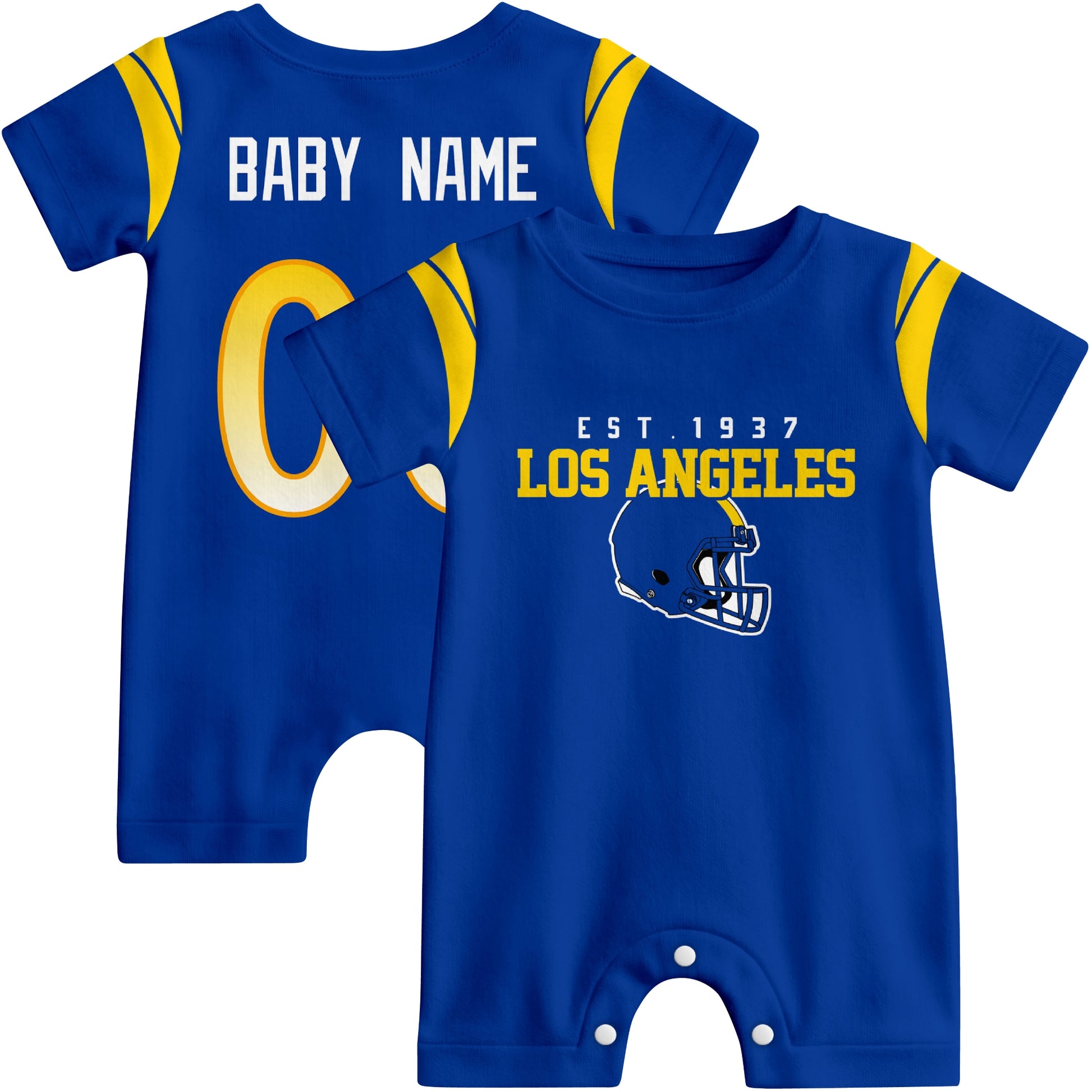 Front and back view of Los Angeles R football-style baby romper in royal blue with varsity team-inspired front graphic and personalized name and number on the back