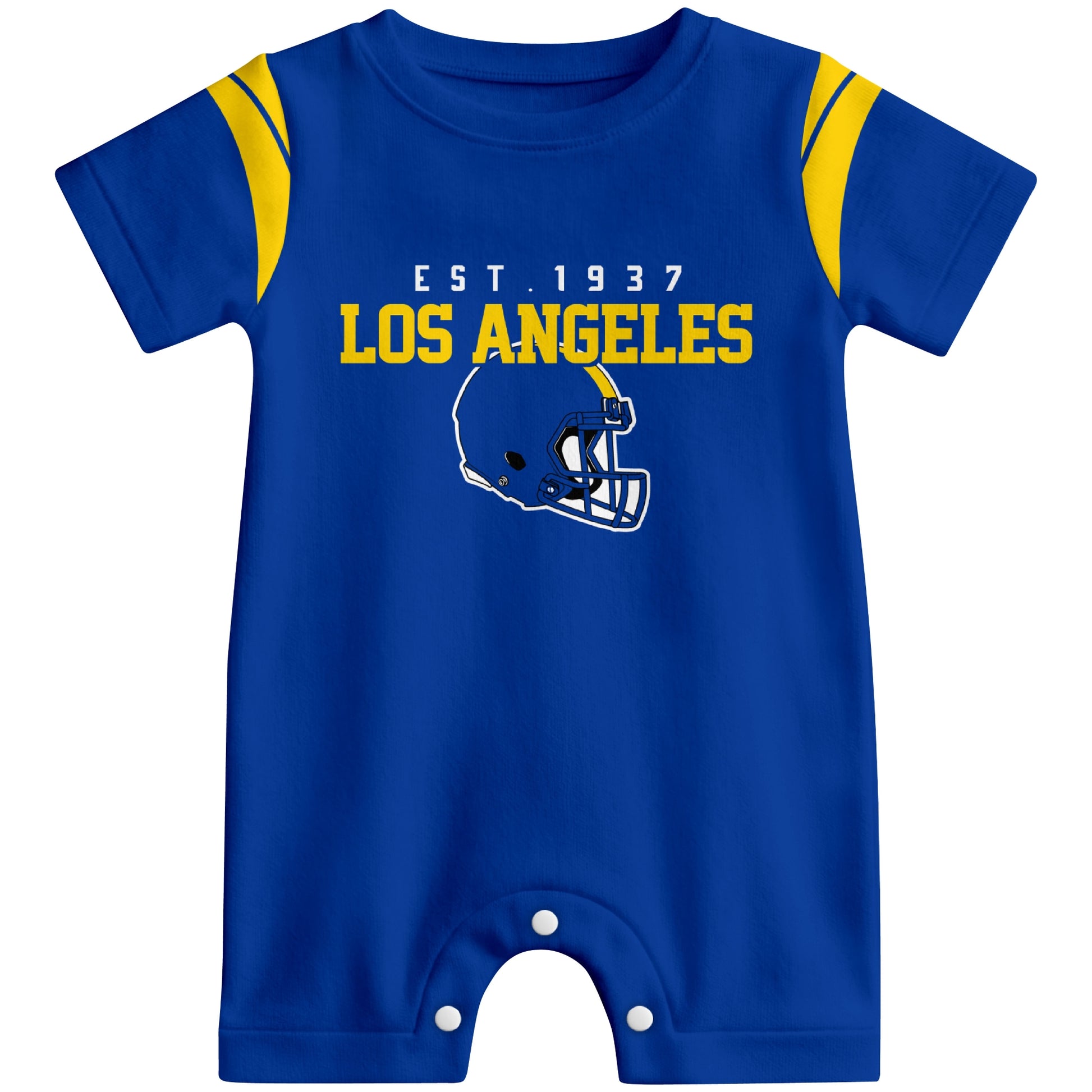 Front view of Los Angeles R football-inspired baby romper featuring varsity-style Los Angeles R text and football helmet graphic in royal blue colorway
