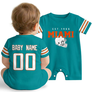 Baby wearing Miami football-inspired personalized romper in aqua, featuring custom name and number design with sporty varsity lettering and football helmet graphic