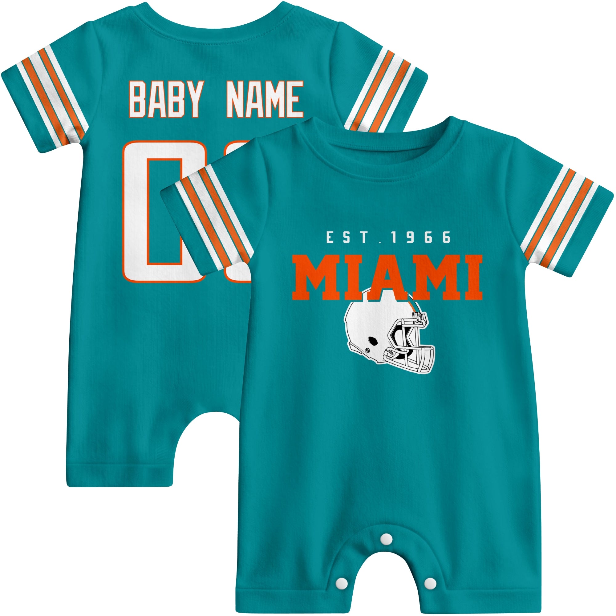 Front and back view of Miami football-style baby romper in aqua with varsity team-inspired front graphic and personalized name and number on the back