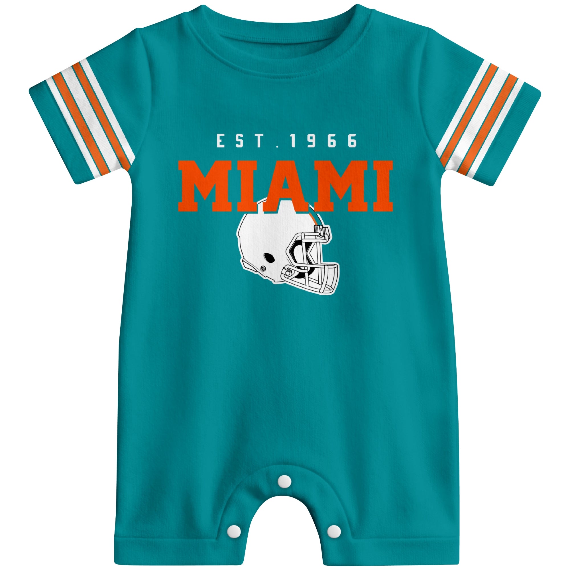 Front view of Miami football-inspired baby romper featuring varsity-style Miami text and football helmet graphic in aqua colorway