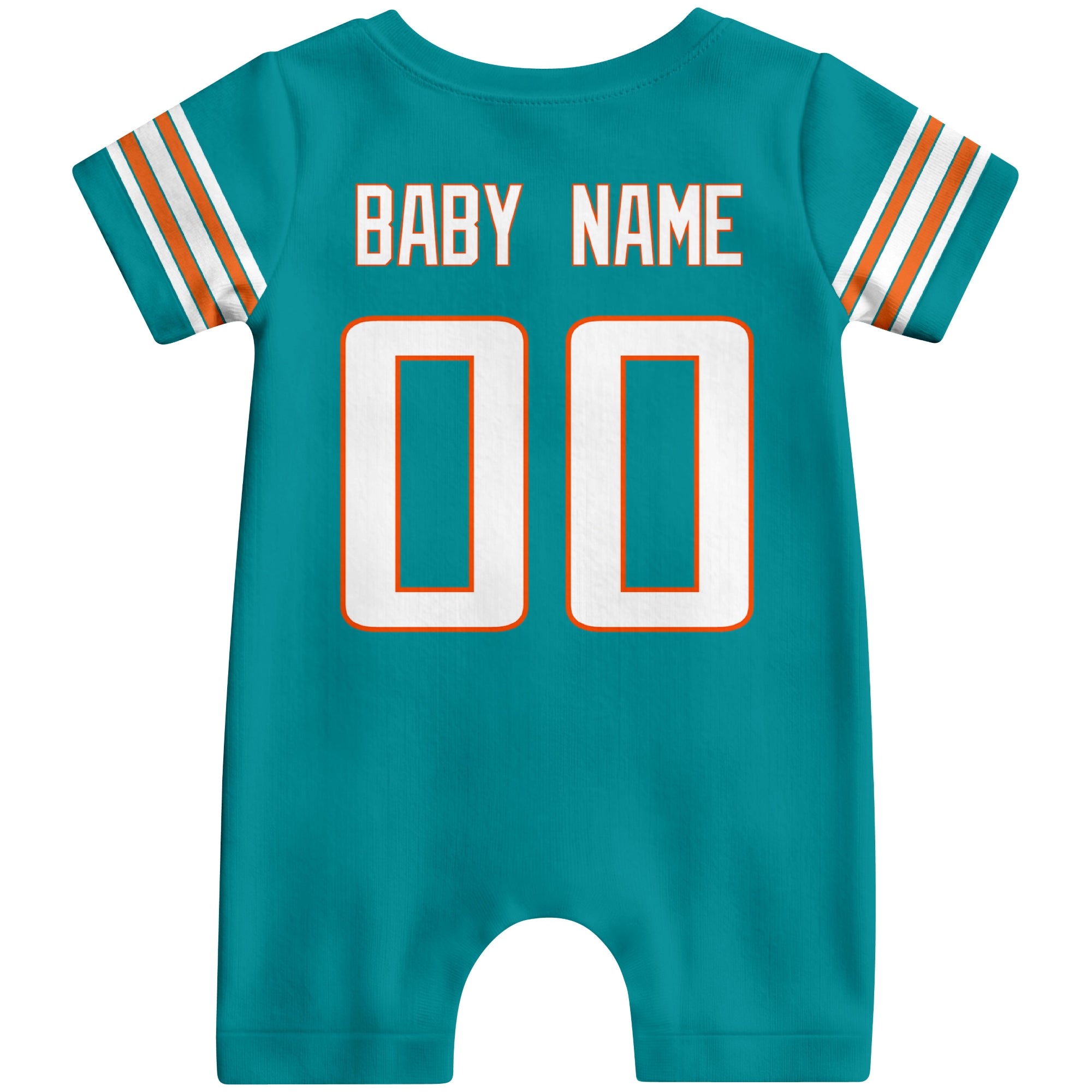 Back view of personalized Miami football-style baby romper with custom baby name and number design in varsity block font