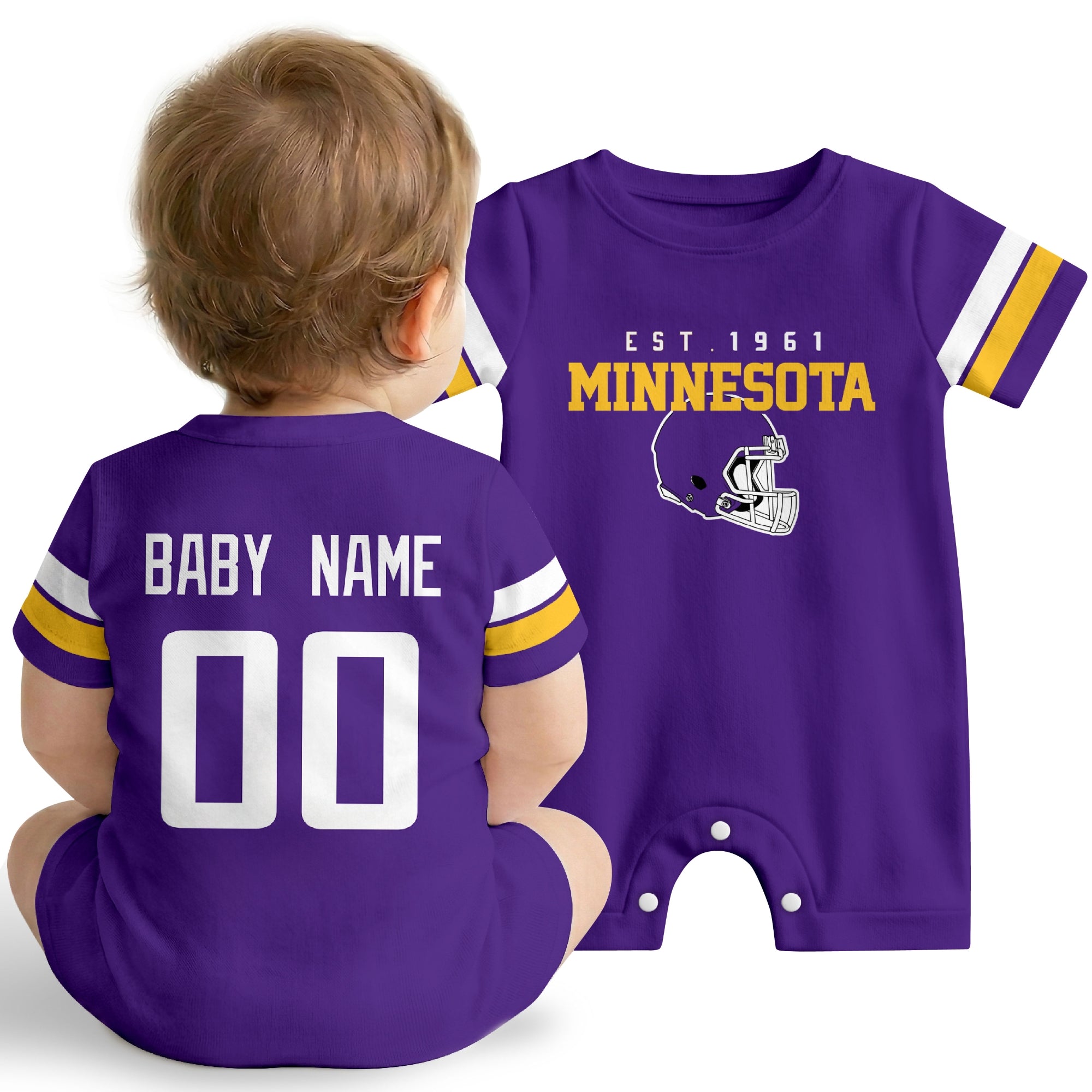 Baby wearing Minnesota football-inspired personalized romper in purple, featuring custom name and number design with sporty varsity lettering and football helmet graphic