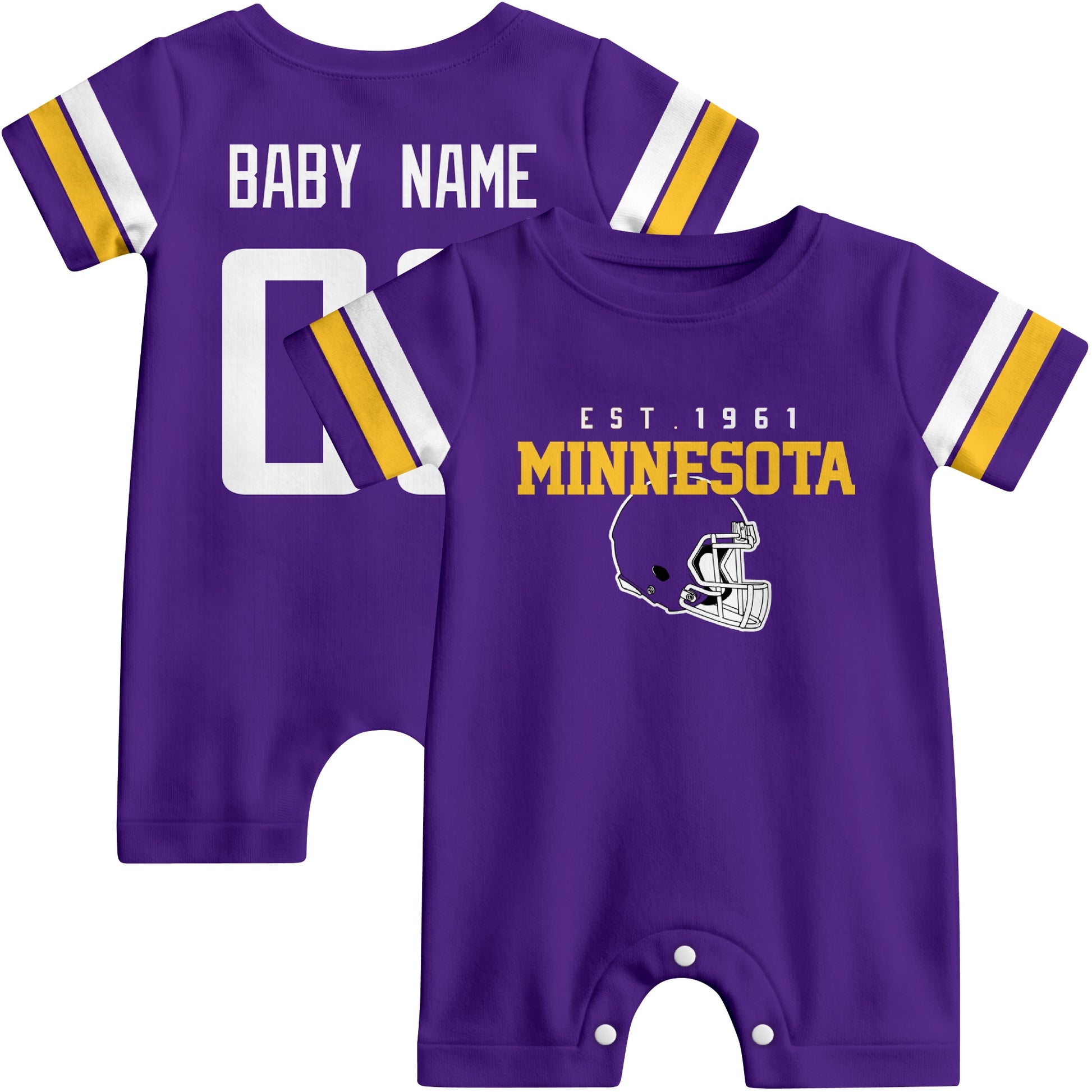 Front and back view of Minnesota football-style baby romper in purple with varsity team-inspired front graphic and personalized name and number on the back