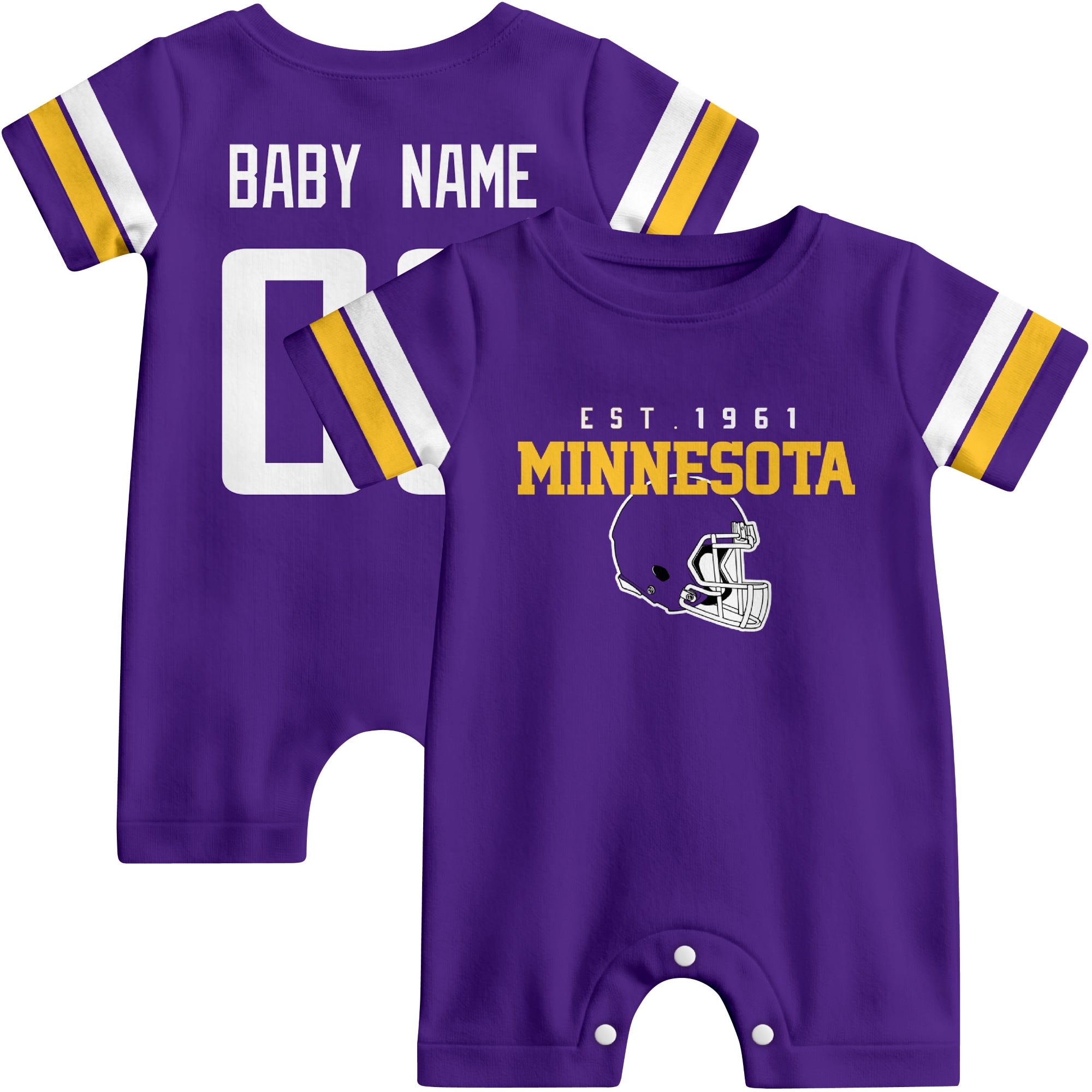 Front and back view of Minnesota football-style baby romper in purple with varsity team-inspired front graphic and personalized name and number on the back