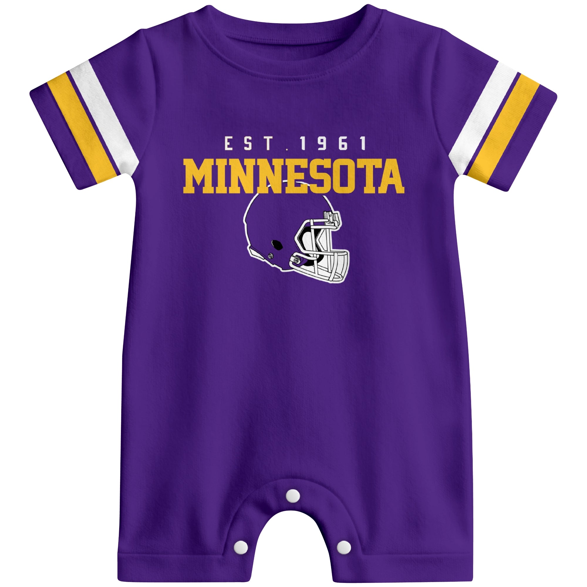 Front view of Minnesota football-inspired baby romper featuring varsity-style Minnesota text and football helmet graphic in purple colorway