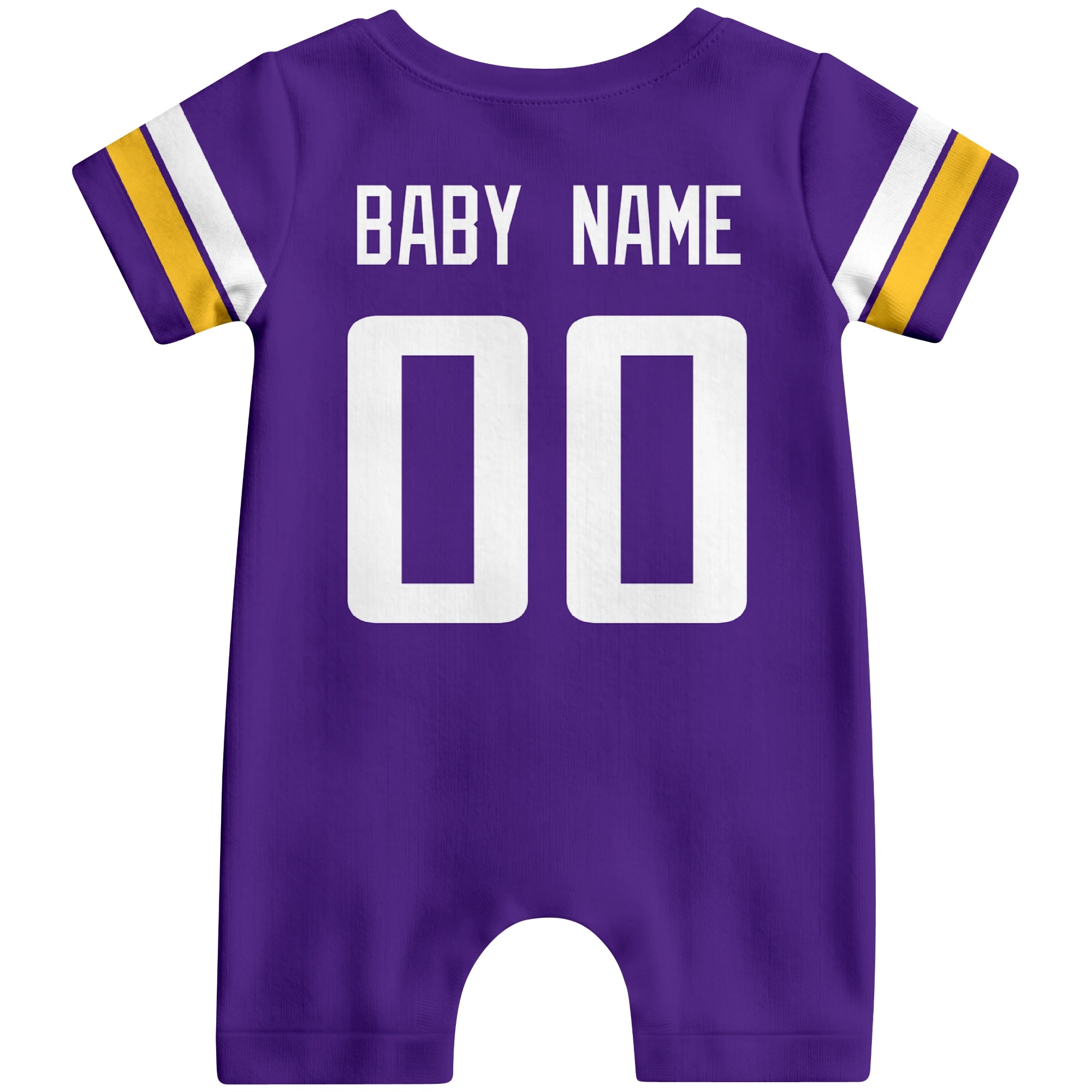 Back view of personalized Minnesota football-style baby romper with custom baby name and number design in varsity block font