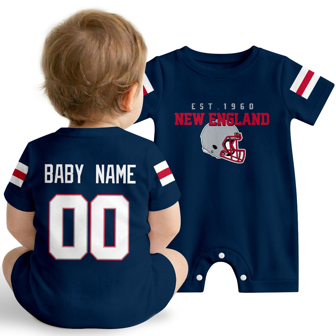 Baby wearing New England football-inspired personalized romper in navy, featuring custom name and number design with sporty varsity lettering and football helmet graphic