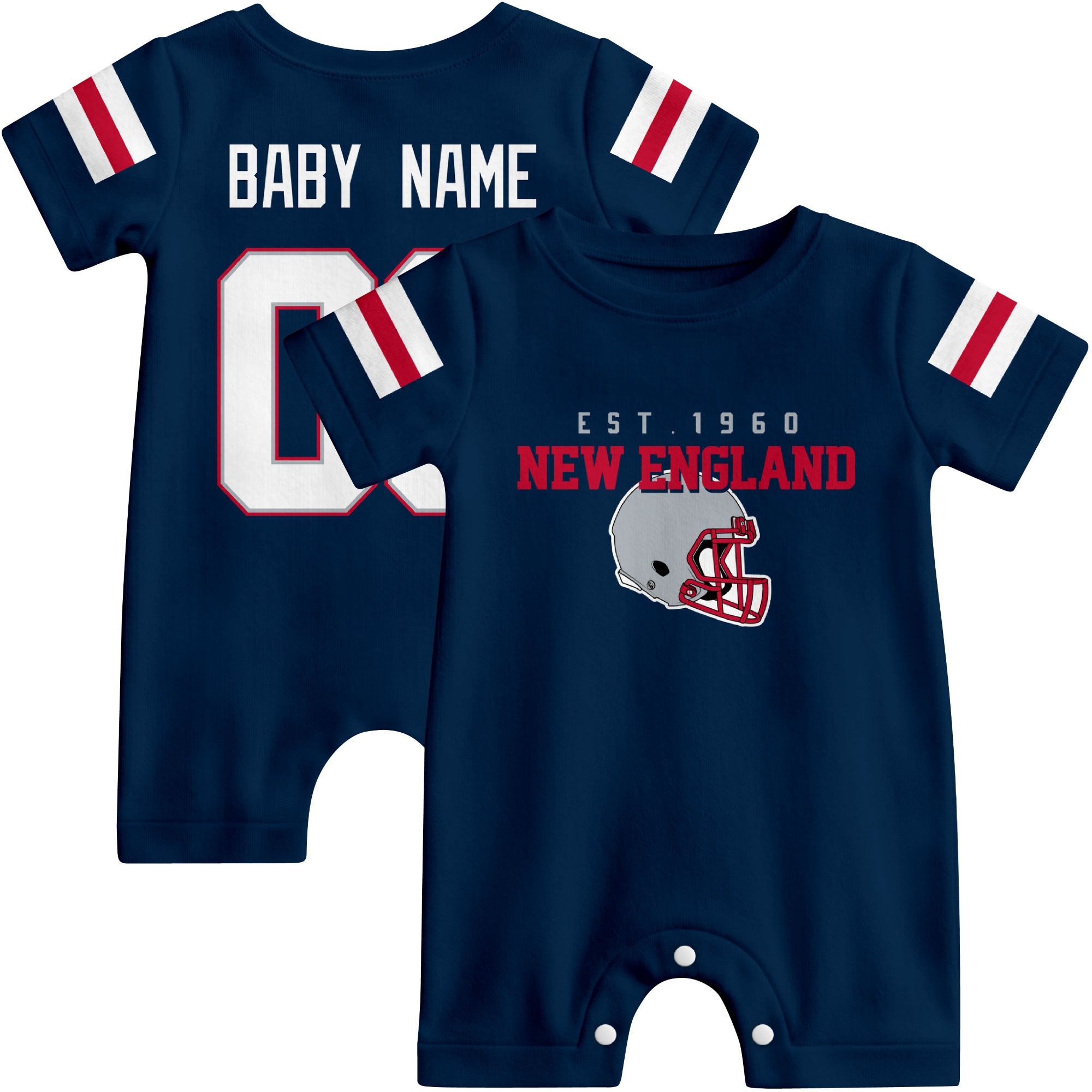 Front and back view of New England football-style baby romper in navy with varsity team-inspired front graphic and personalized name and number on the back