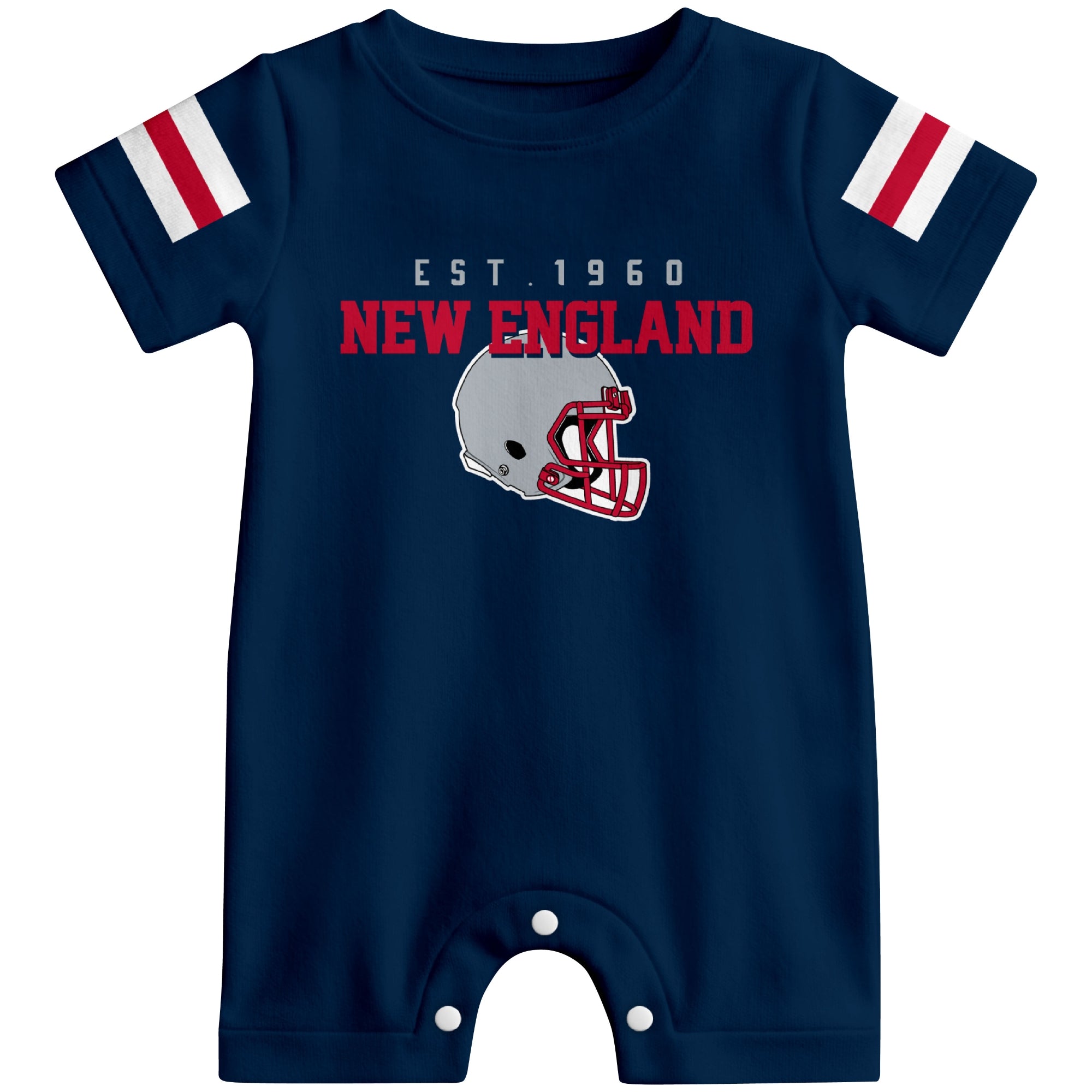 Front view of New England football-inspired baby romper featuring varsity-style New England text and football helmet graphic in navy colorway
